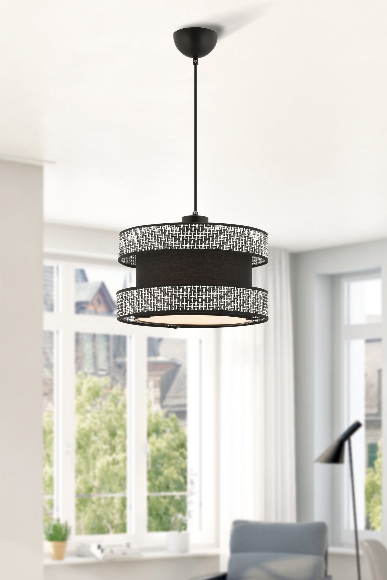 Candeeiro de Teto – 40 x 40 cm – Cinza e Preto – Metal e Algodão