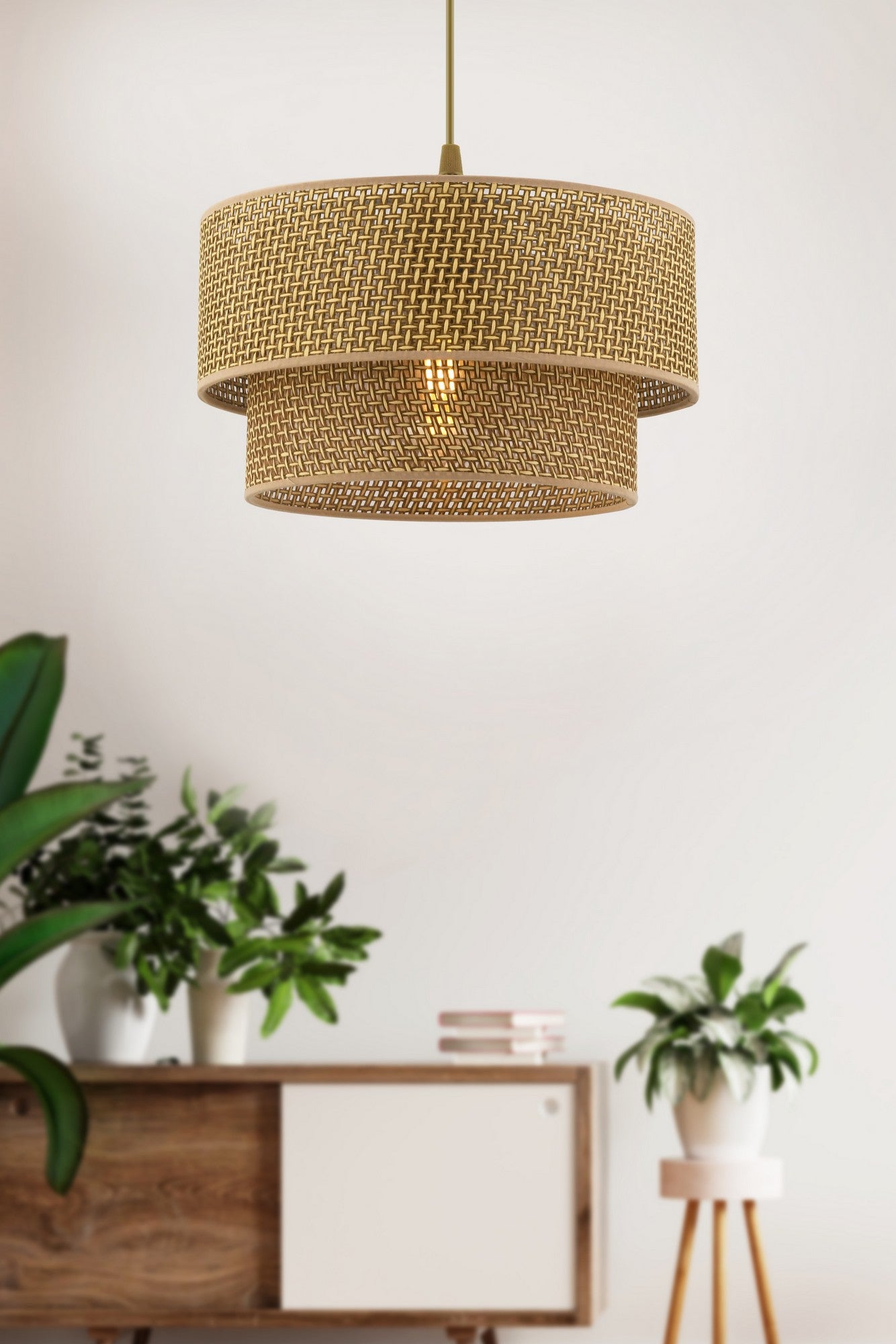 Candeeiro de Teto – 65 cm – Bege – Metálico e Algodão