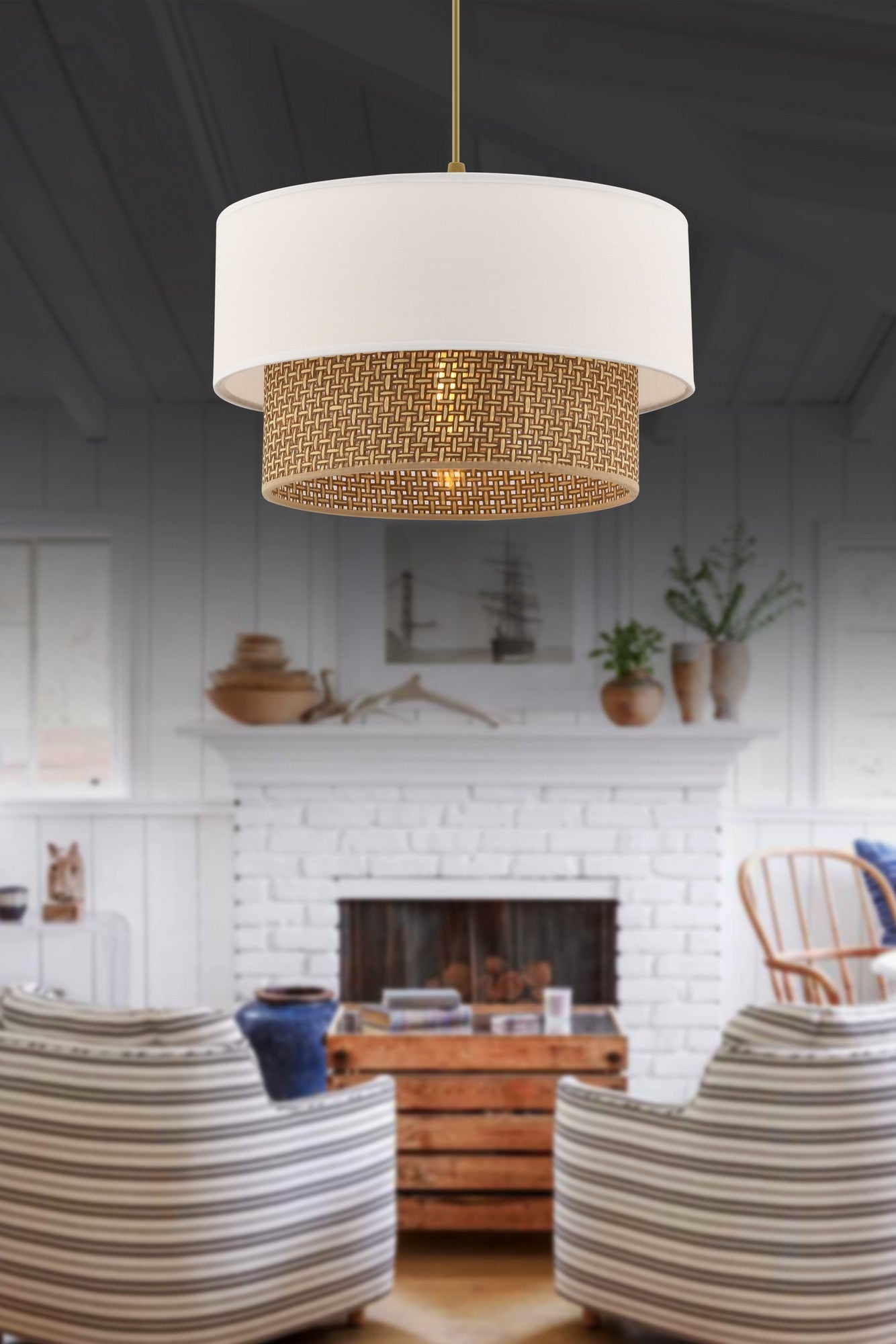 Candeeiro de Teto – 65 cm de Altura Total – Bege e Branco – Metal e Algodão