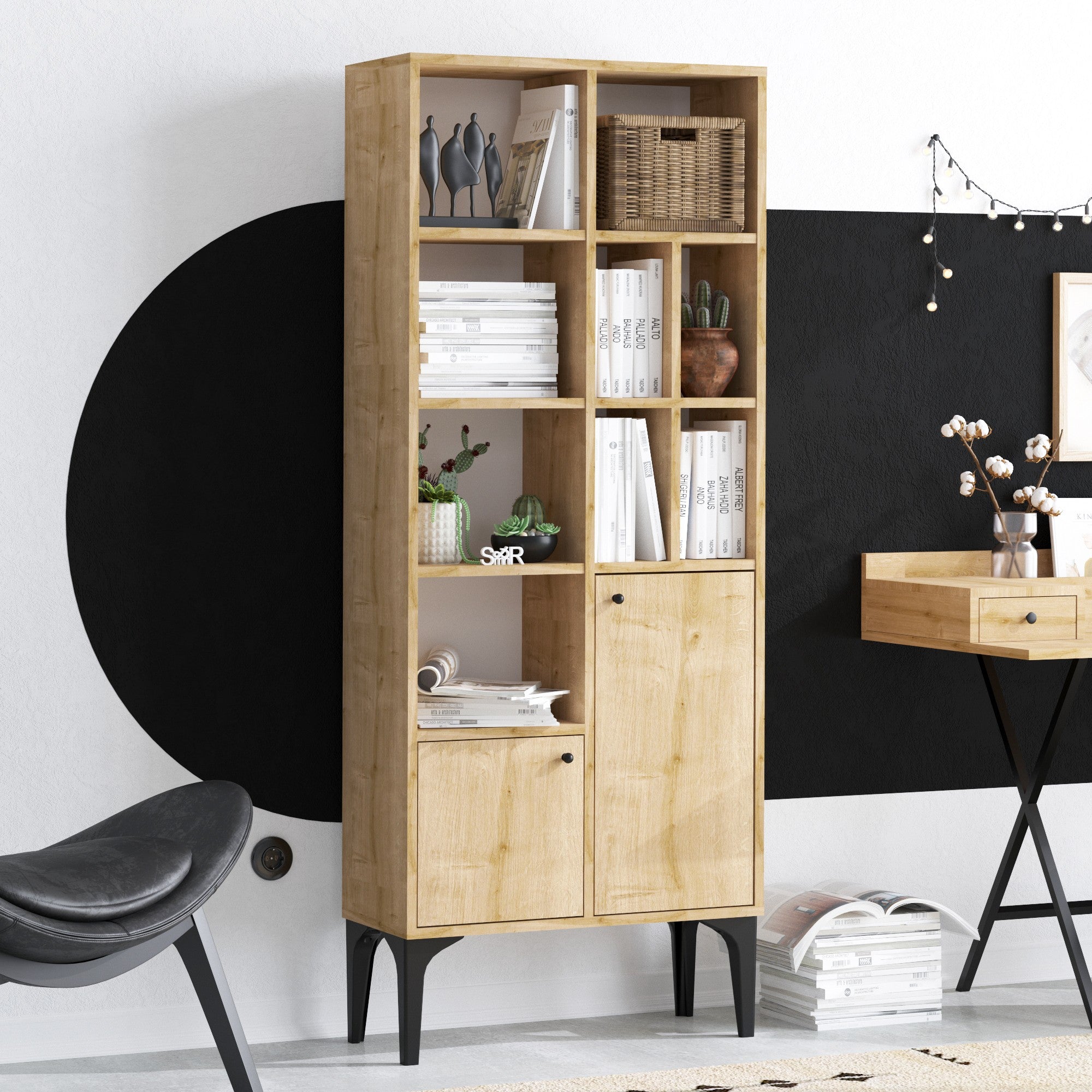 Estante elegante em painel de partículas revestido a melamina – 60 x 175 x 30 cm – Carvalho safira