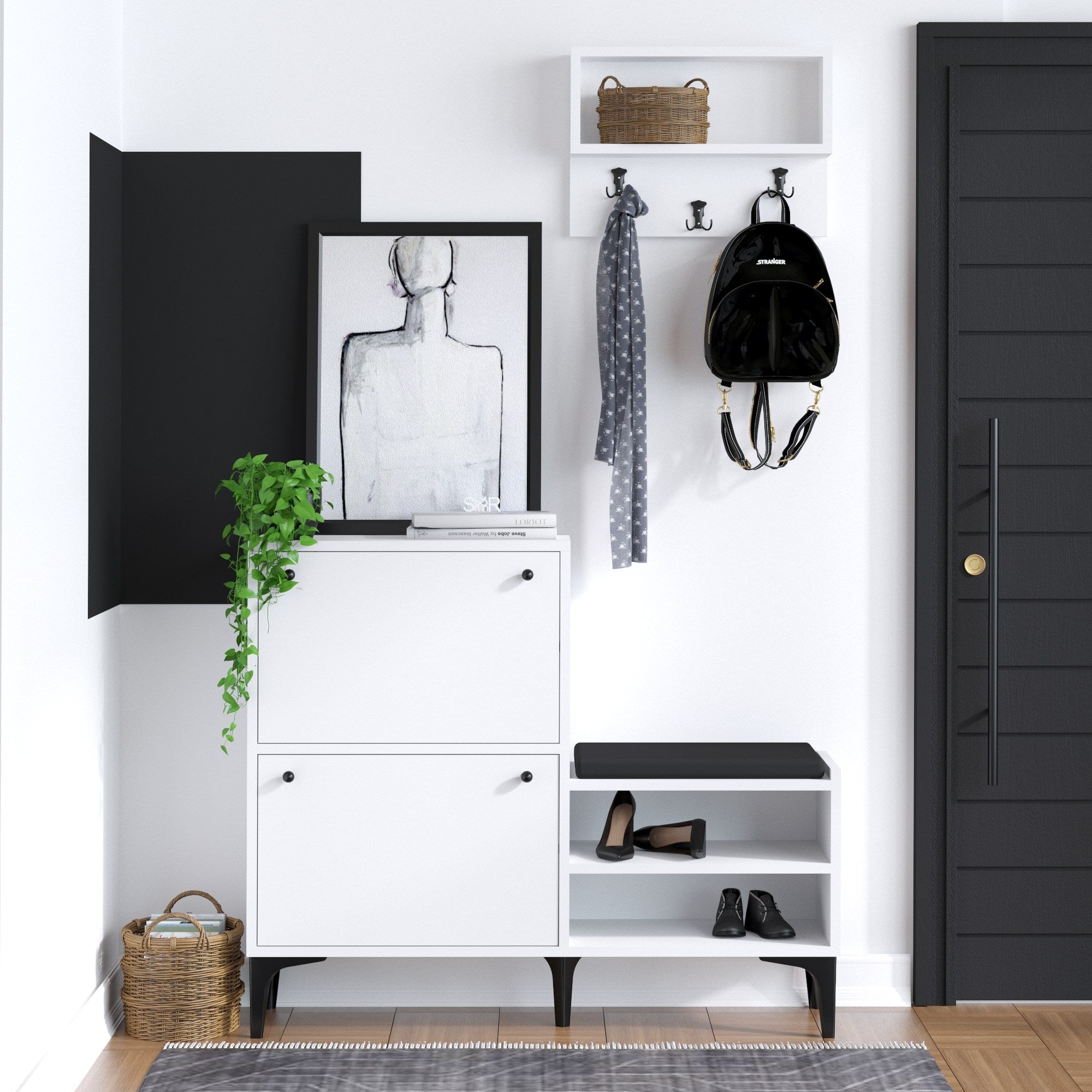 Sapateira – 110 x 92 x 35 cm – Branco e Preto – Painel de partículas revestido a melamina