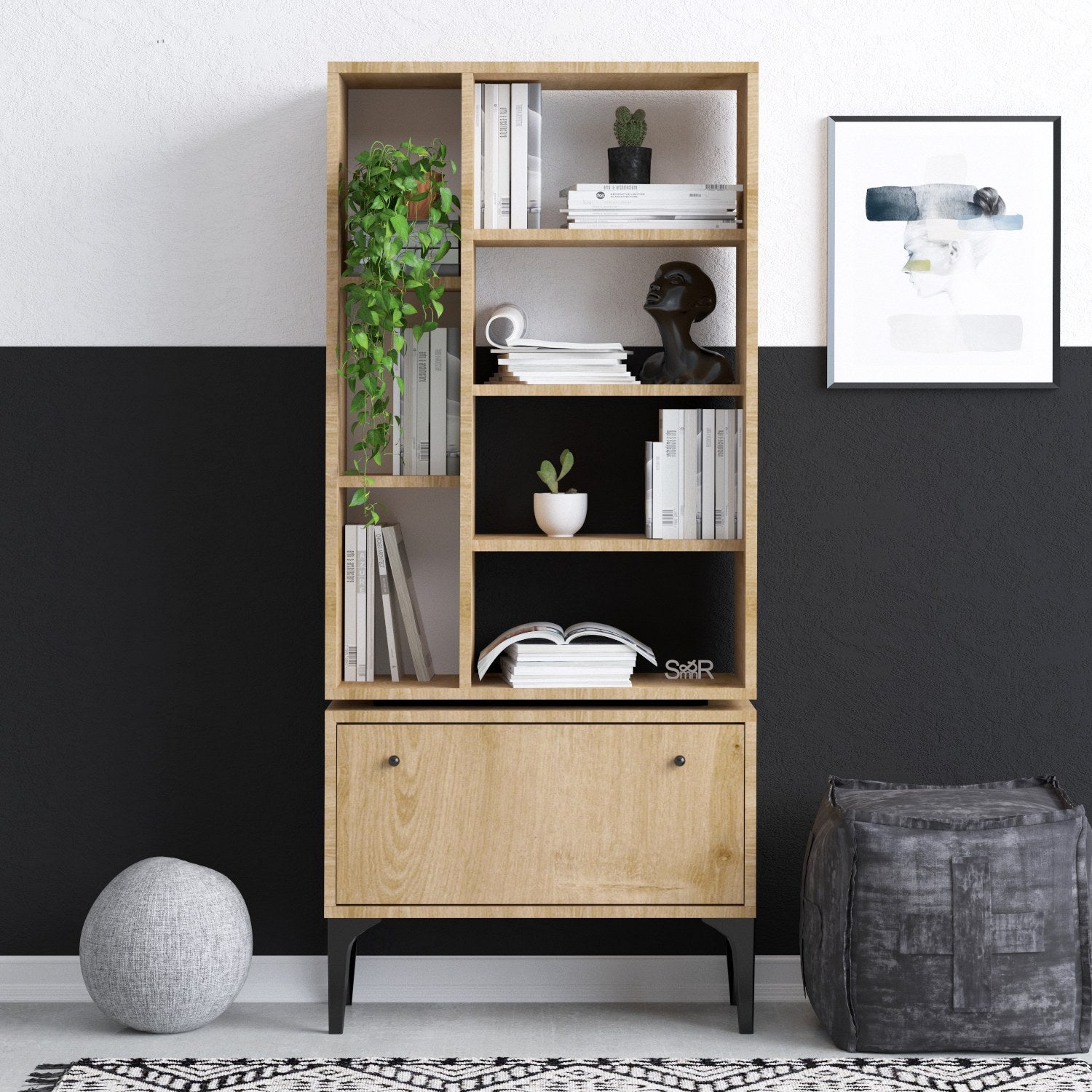 Estante – 65 cm L x 160 cm A x 30 cm P – Carvalho e Preto – Painel de partículas revestido em melamina