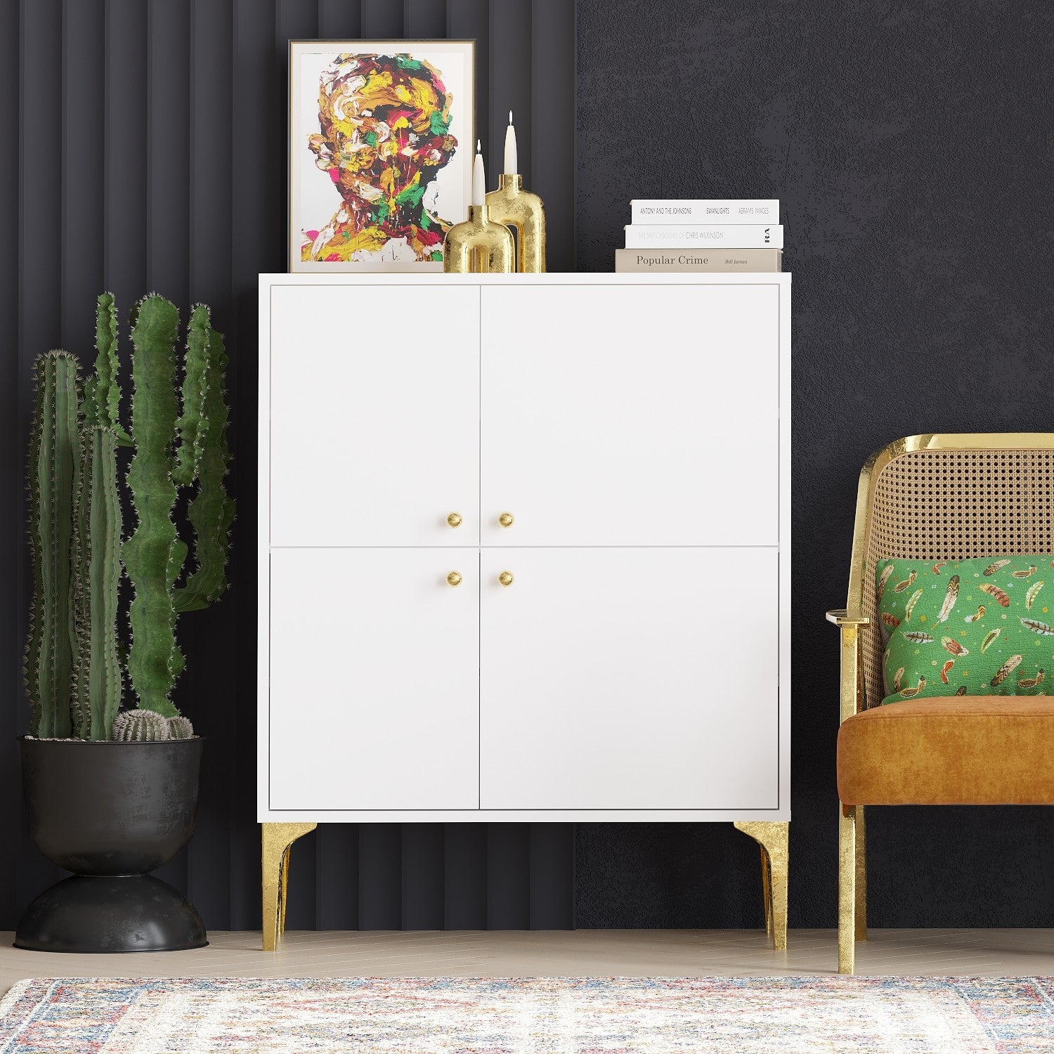 Aparador – 90 cm x 115 cm x 35 cm – Branco e dourado – Aglomerado de partículas revestido a melamina