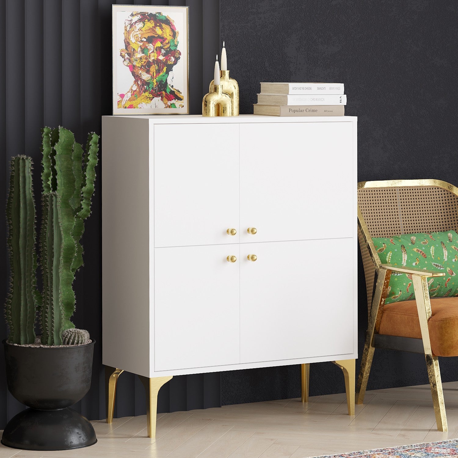 Aparador – 90 cm x 115 cm x 35 cm – Branco e dourado – Aglomerado de partículas revestido a melamina