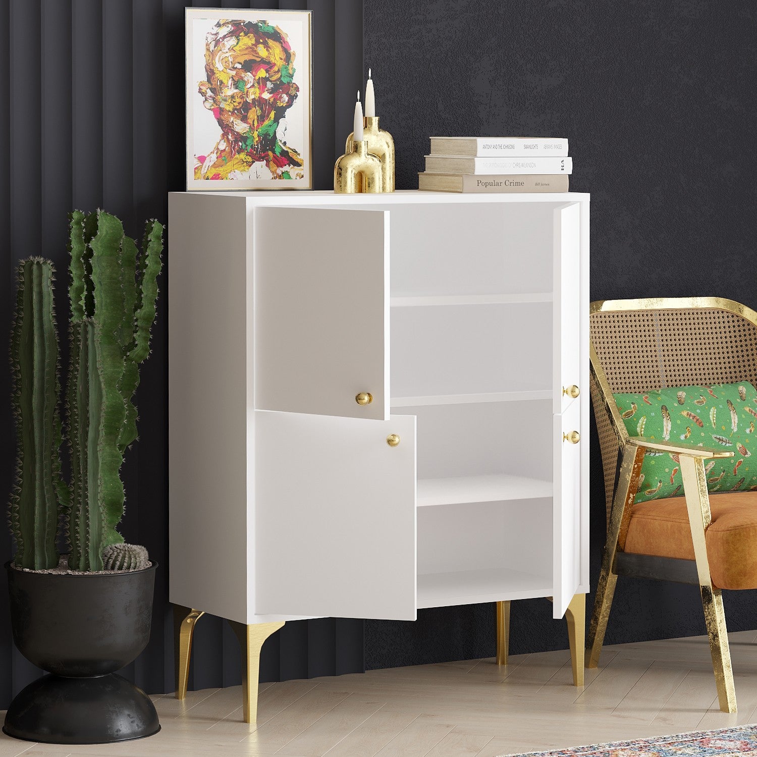 Aparador – 90 cm x 115 cm x 35 cm – Branco e dourado – Aglomerado de partículas revestido a melamina