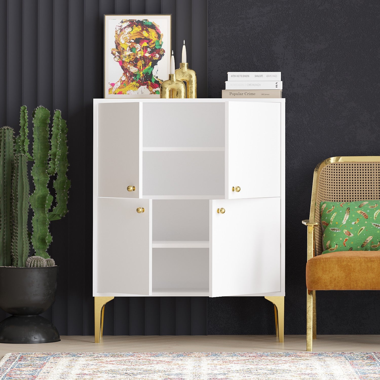 Aparador – 90 cm x 115 cm x 35 cm – Branco e dourado – Aglomerado de partículas revestido a melamina