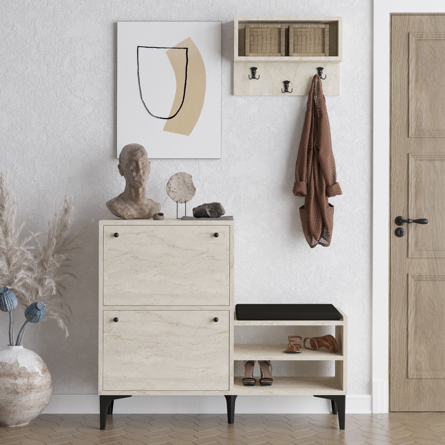 Sapateira em painel de partículas revestido a melamina – 110 cm x 92 cm x 35 cm – cor travertino