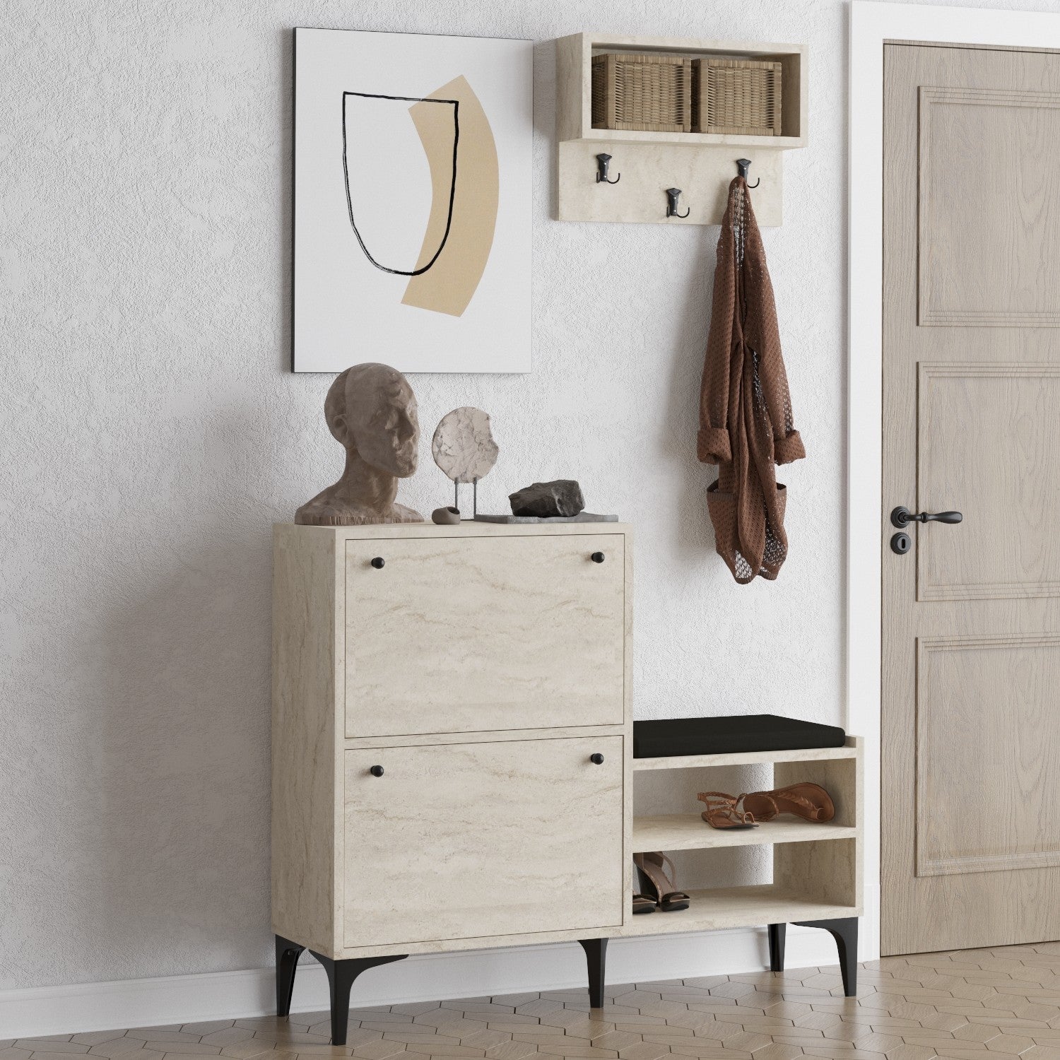 Sapateira em painel de partículas revestido a melamina – 110 cm x 92 cm x 35 cm – cor travertino
