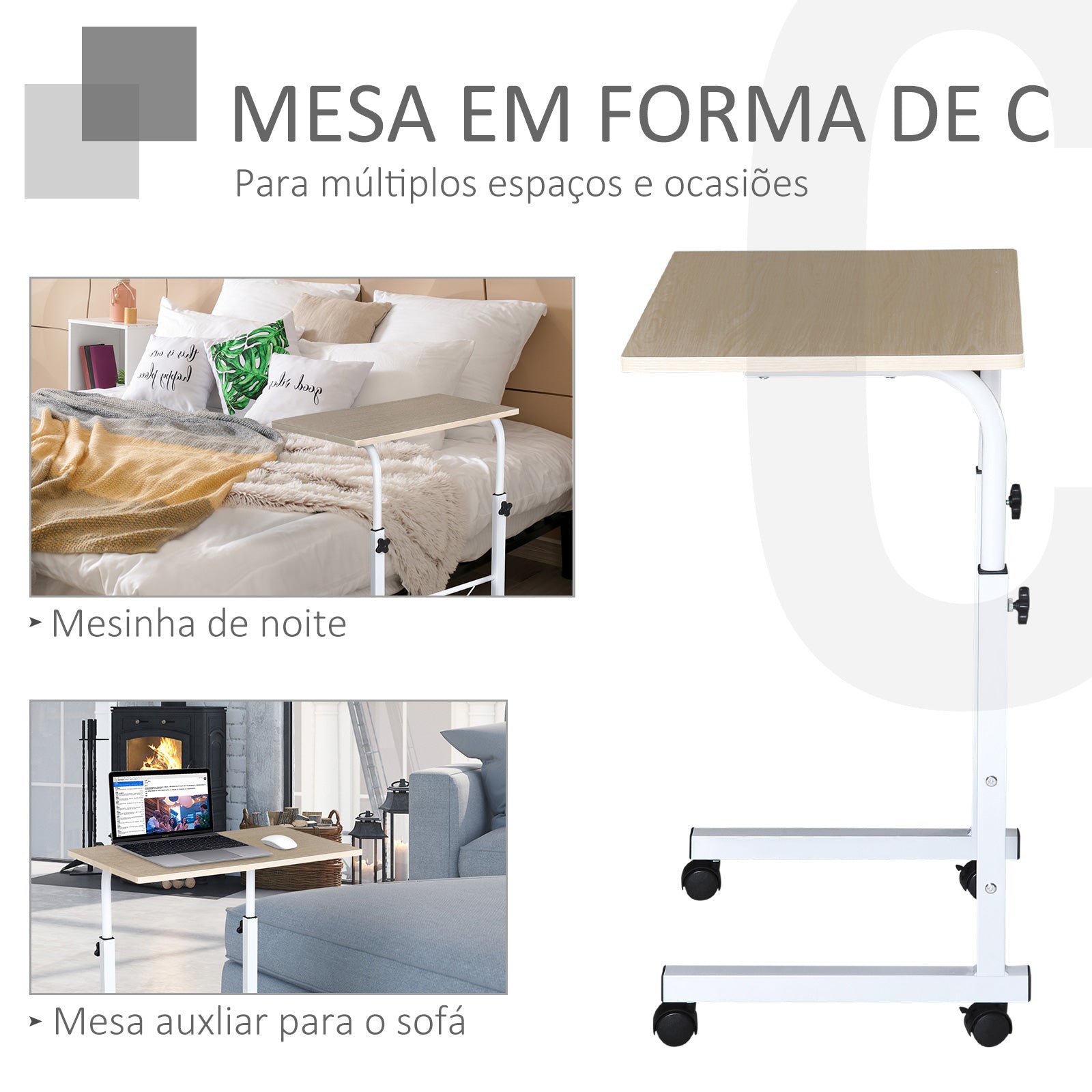 Mesa de Computador Compacta com Rodas 60x40x(68-78)cm - Branco e Madeira
