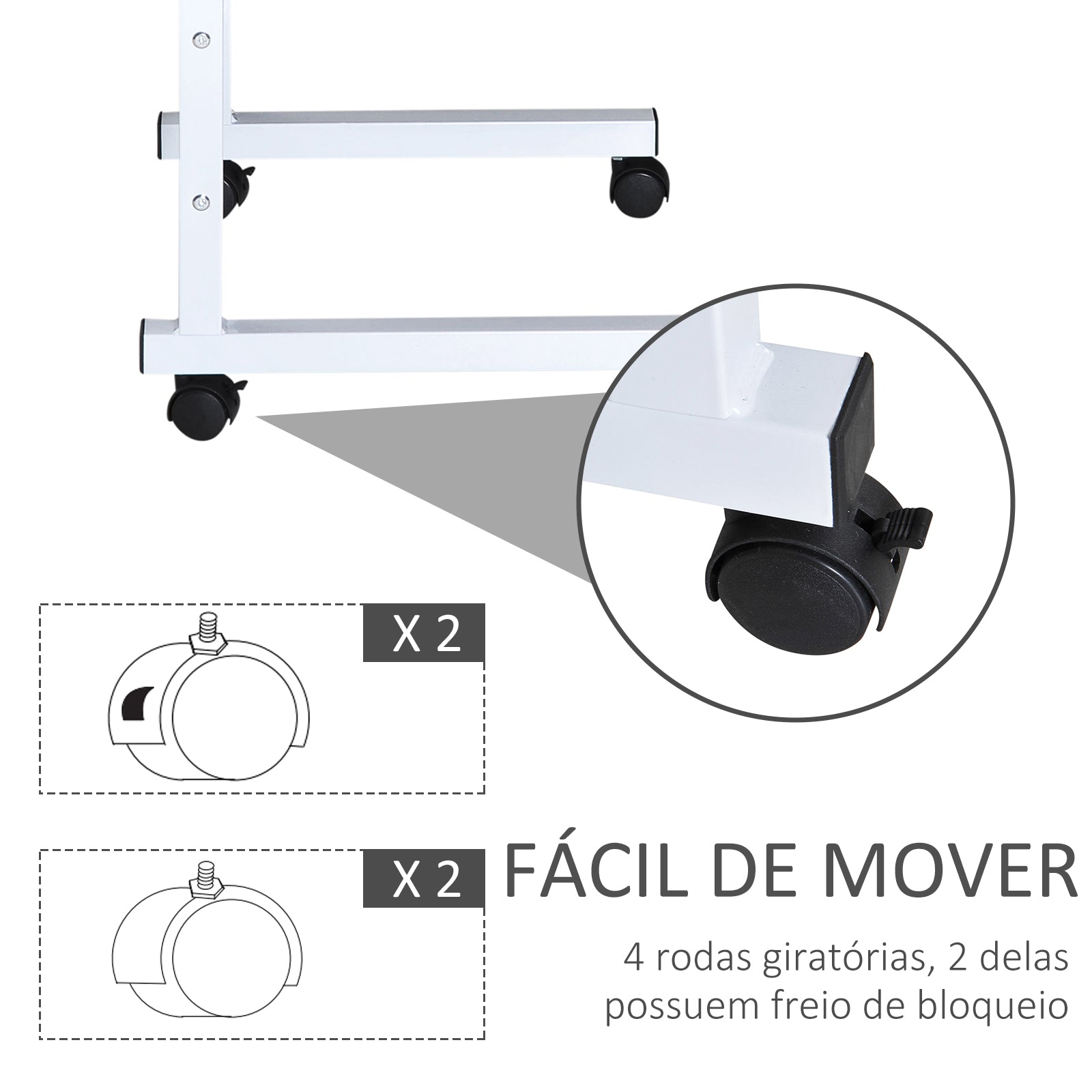 Mesa de Computador Compacta com Rodas 60x40x(68-78)cm - Branco e Madeira