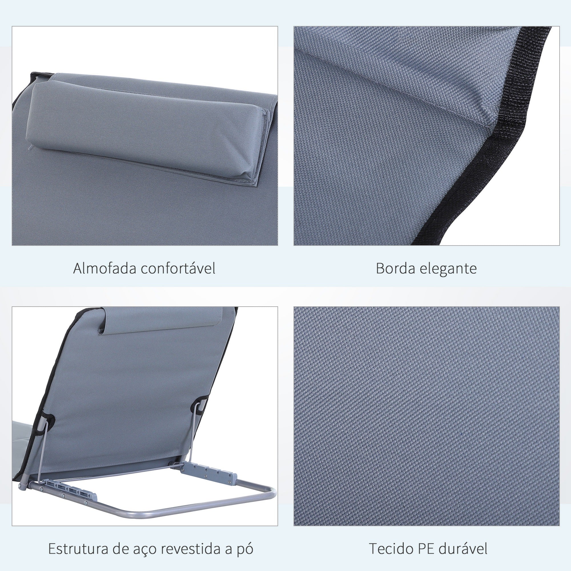 Conjunto de 2 Esteiras de Praia com Encosto Reclinável em 5 Níveis Cinza 48x134x33-43 cm