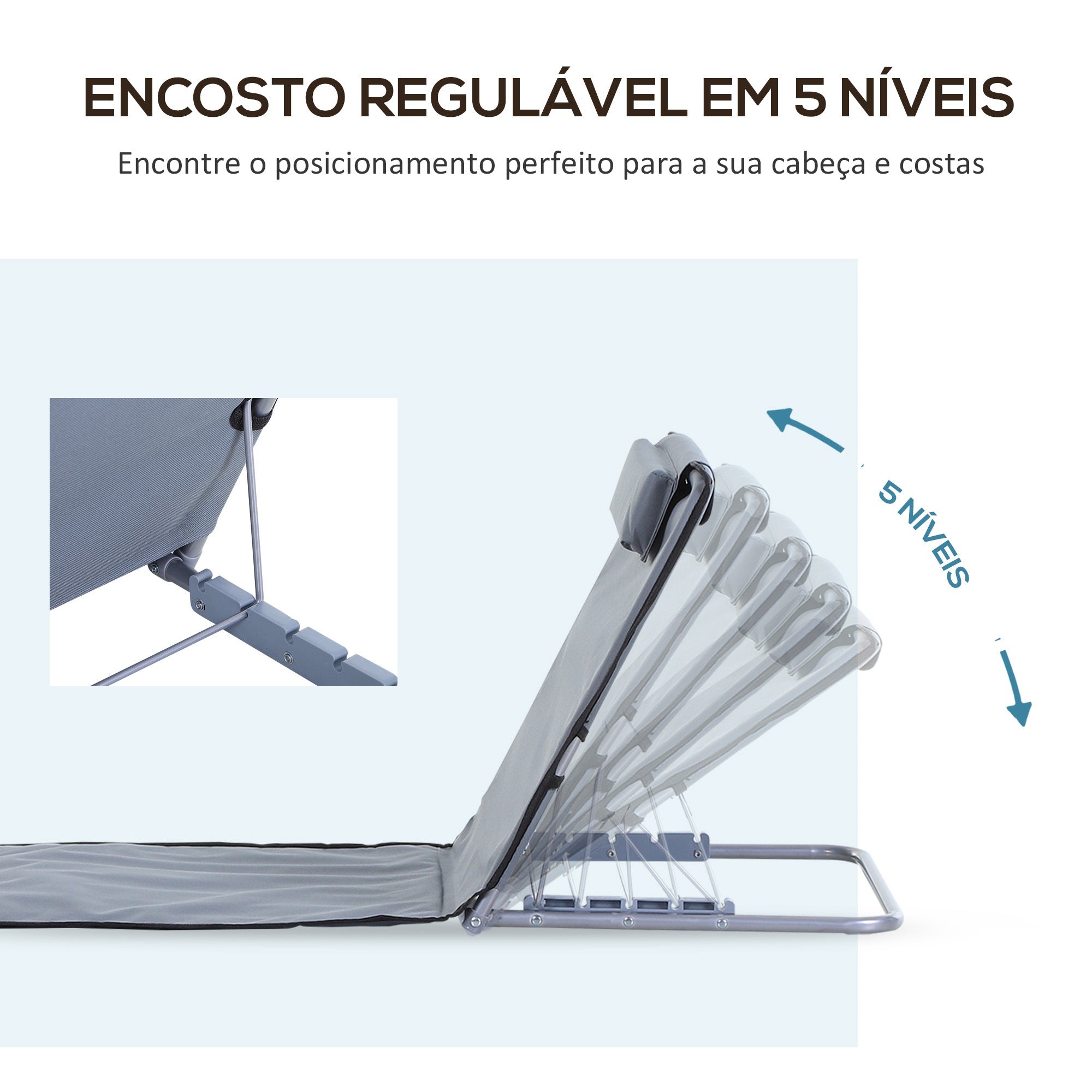 Conjunto de 2 Esteiras de Praia com Encosto Reclinável em 5 Níveis Cinza 48x134x33-43 cm