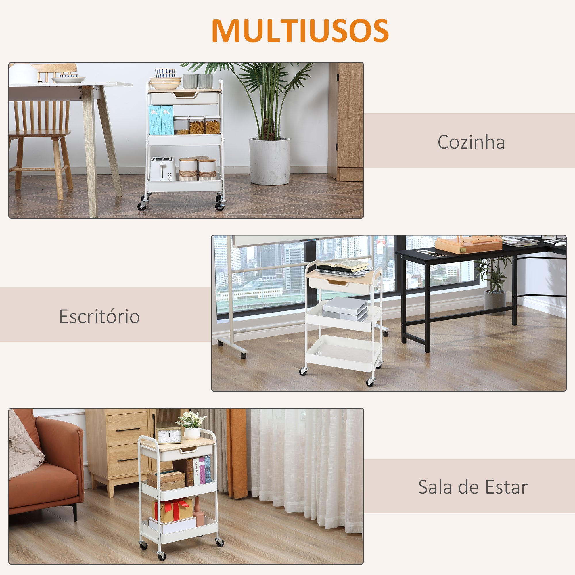 Carrinho de Cozinha com Gaveta e 2 Prateleiras – 43,9x30,5x75,6cm – Branco e Madeira Natural – Aço, Plástico PP e MDF