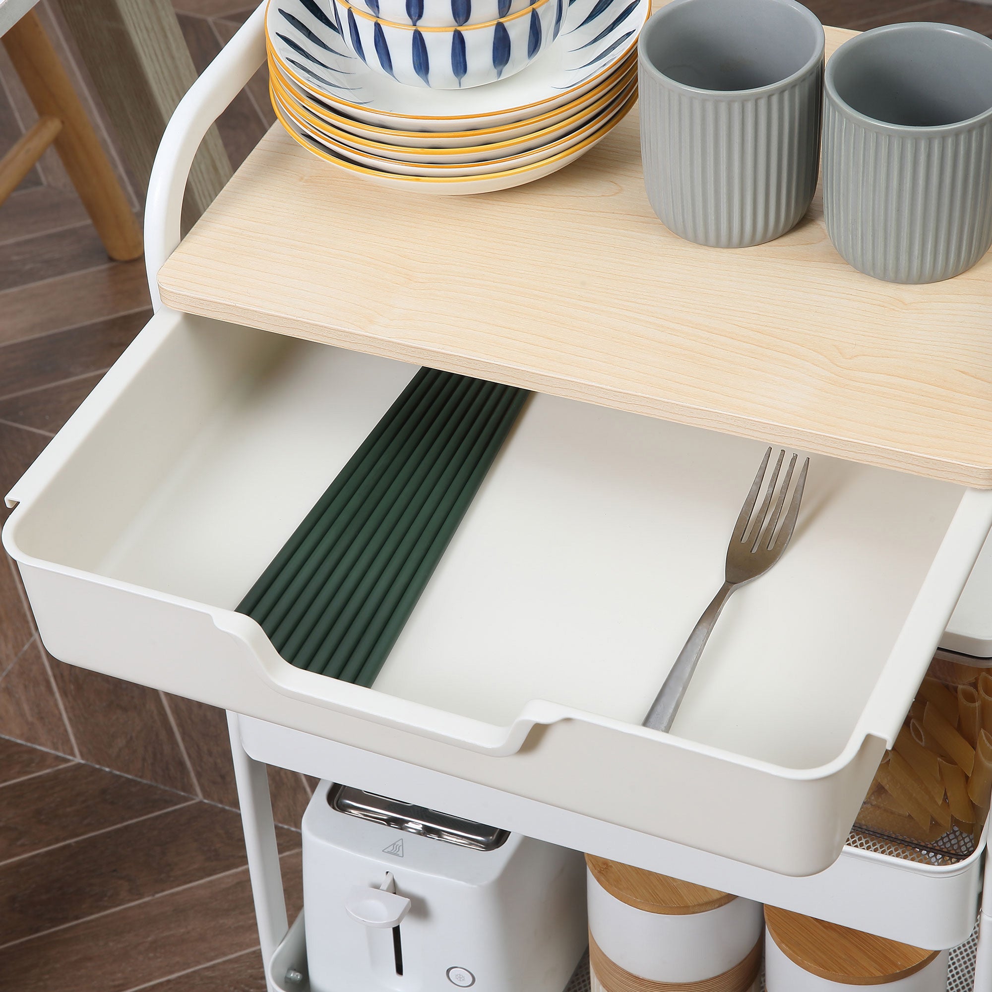 Carrinho de Cozinha com Gaveta e 2 Prateleiras – 43,9x30,5x75,6cm – Branco e Madeira Natural – Aço, Plástico PP e MDF