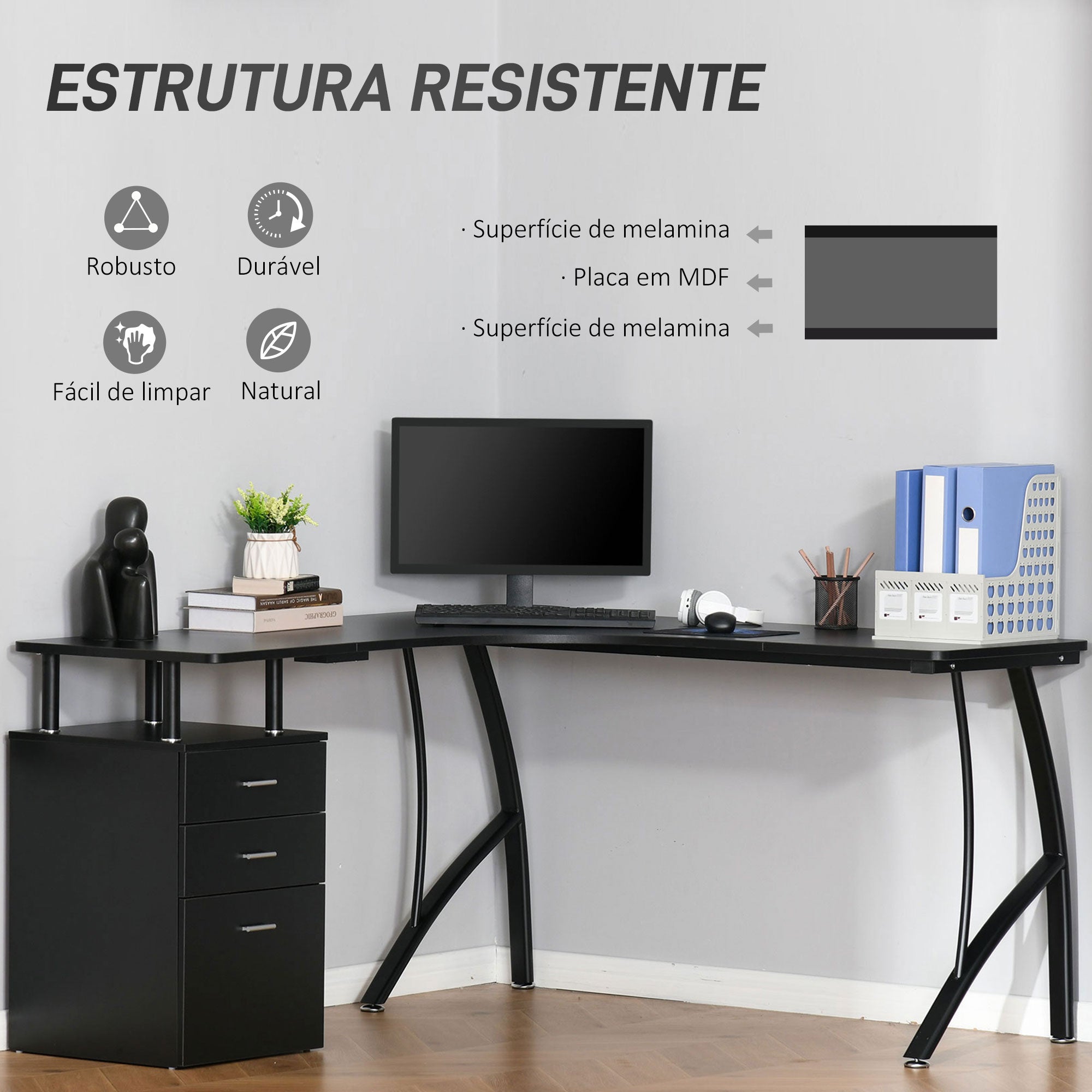 Secretária de Canto em Formato de L 143,5x143,5x76cm Preto