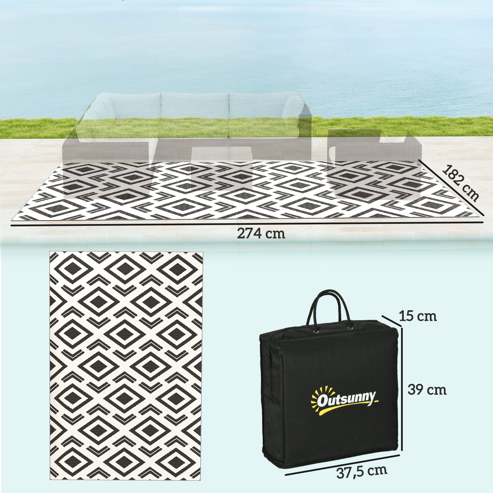 Tapete de Exterior Reversível 182x274 cm Preto e Branco