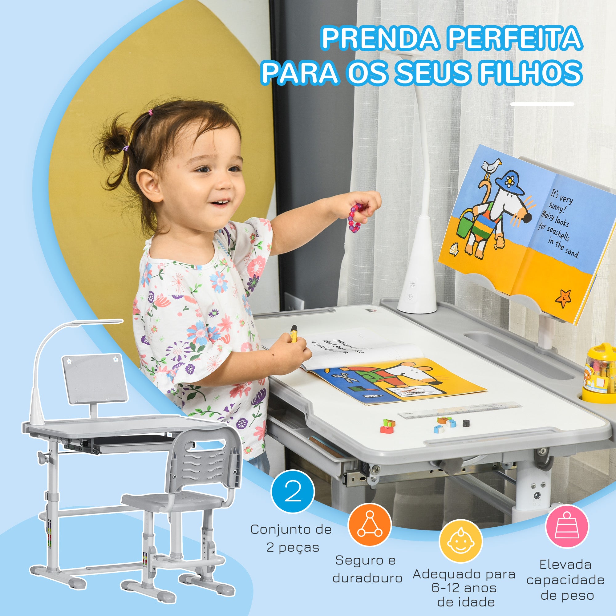 Secretária e Cadeira Infantil Cinzenta com Altura Ajustável 80x49,5x80-105 cm