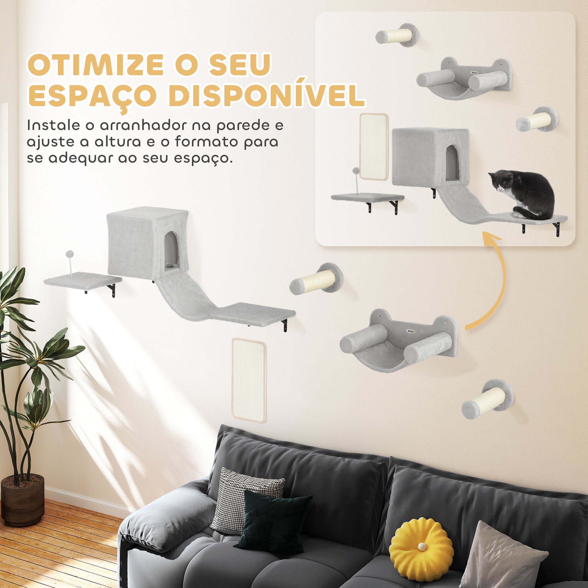 Conjunto de Prateleiras de Escalada para Gatos 106x30x30,5 cm - Cor Cinzento