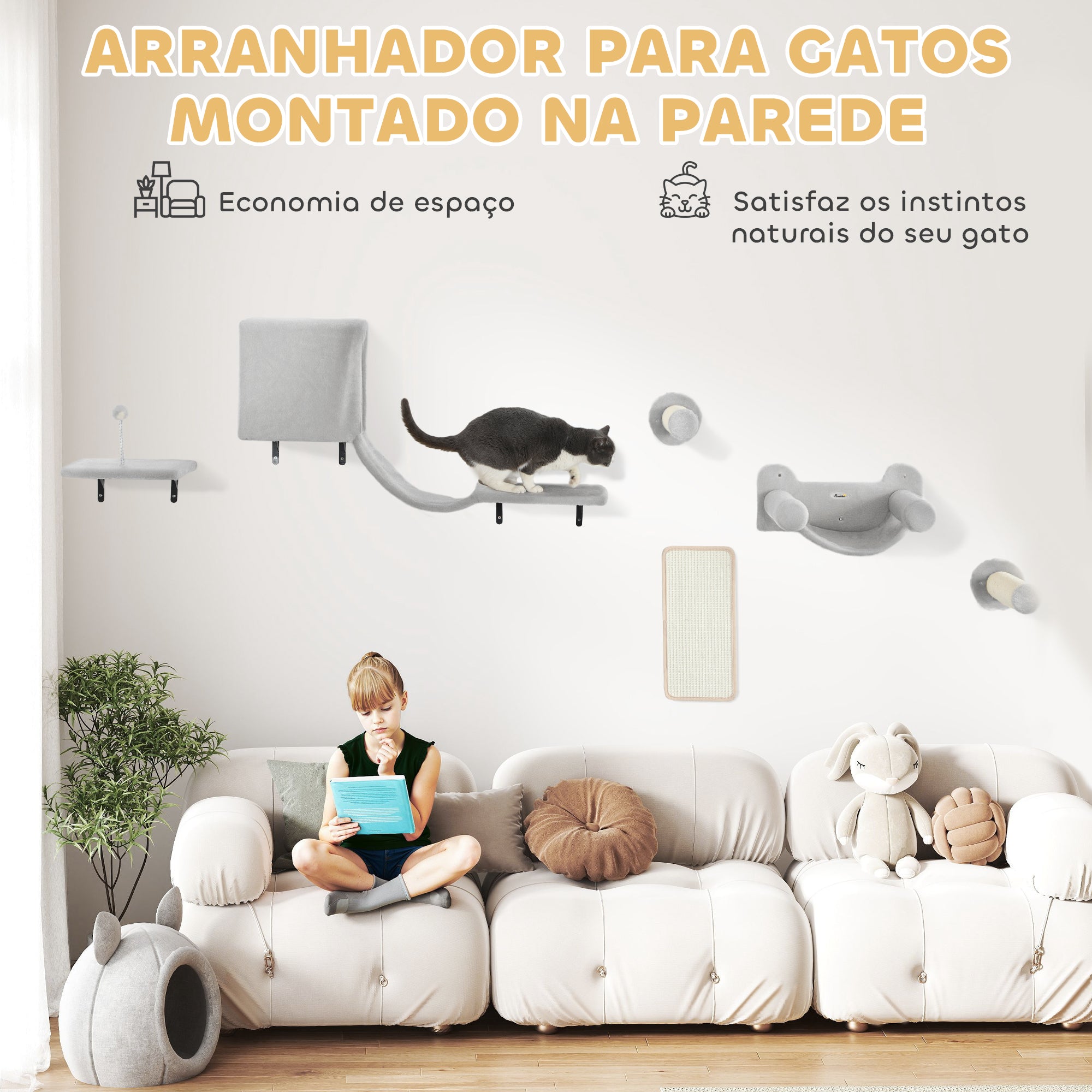 Conjunto de Prateleiras de Escalada para Gatos 106x30x30,5 cm - Cor Cinzento
