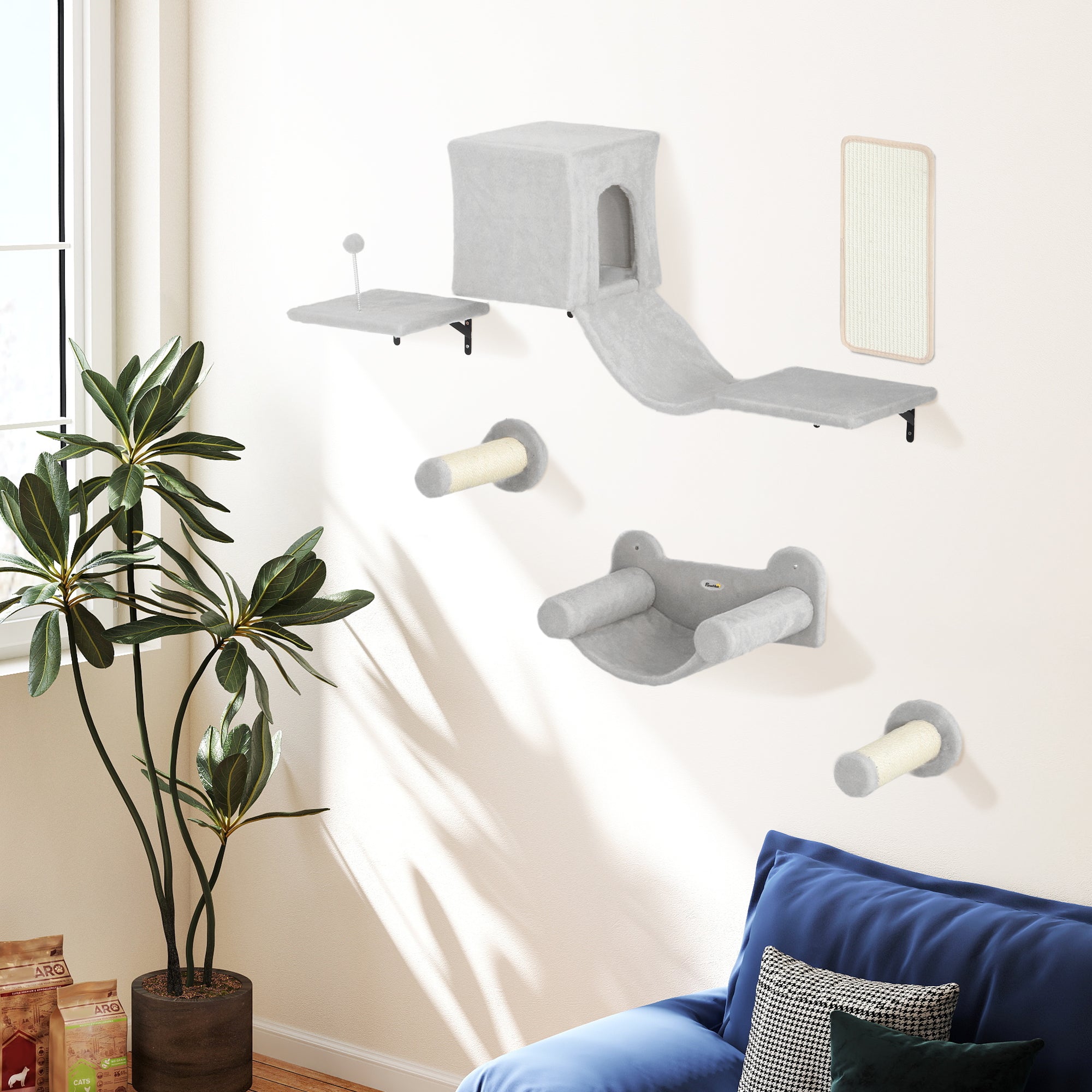 Conjunto de Prateleiras de Escalada para Gatos 106x30x30,5 cm - Cor Cinzento