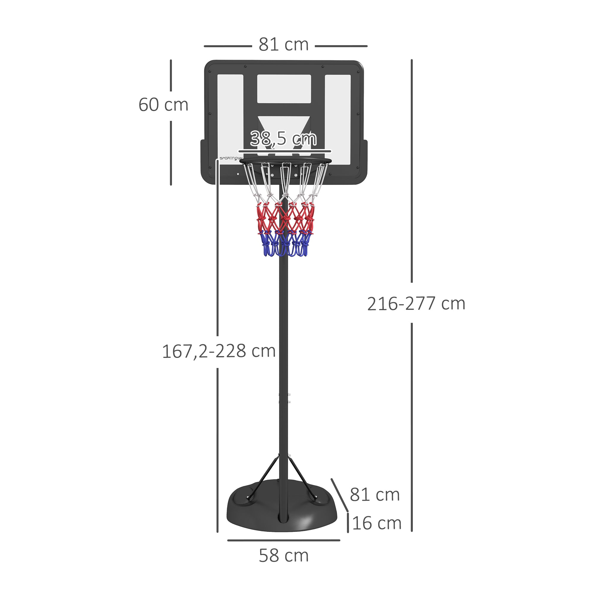 Tabela de Basquetebol com Altura Ajustável 216-277 cm - Cor Preto
