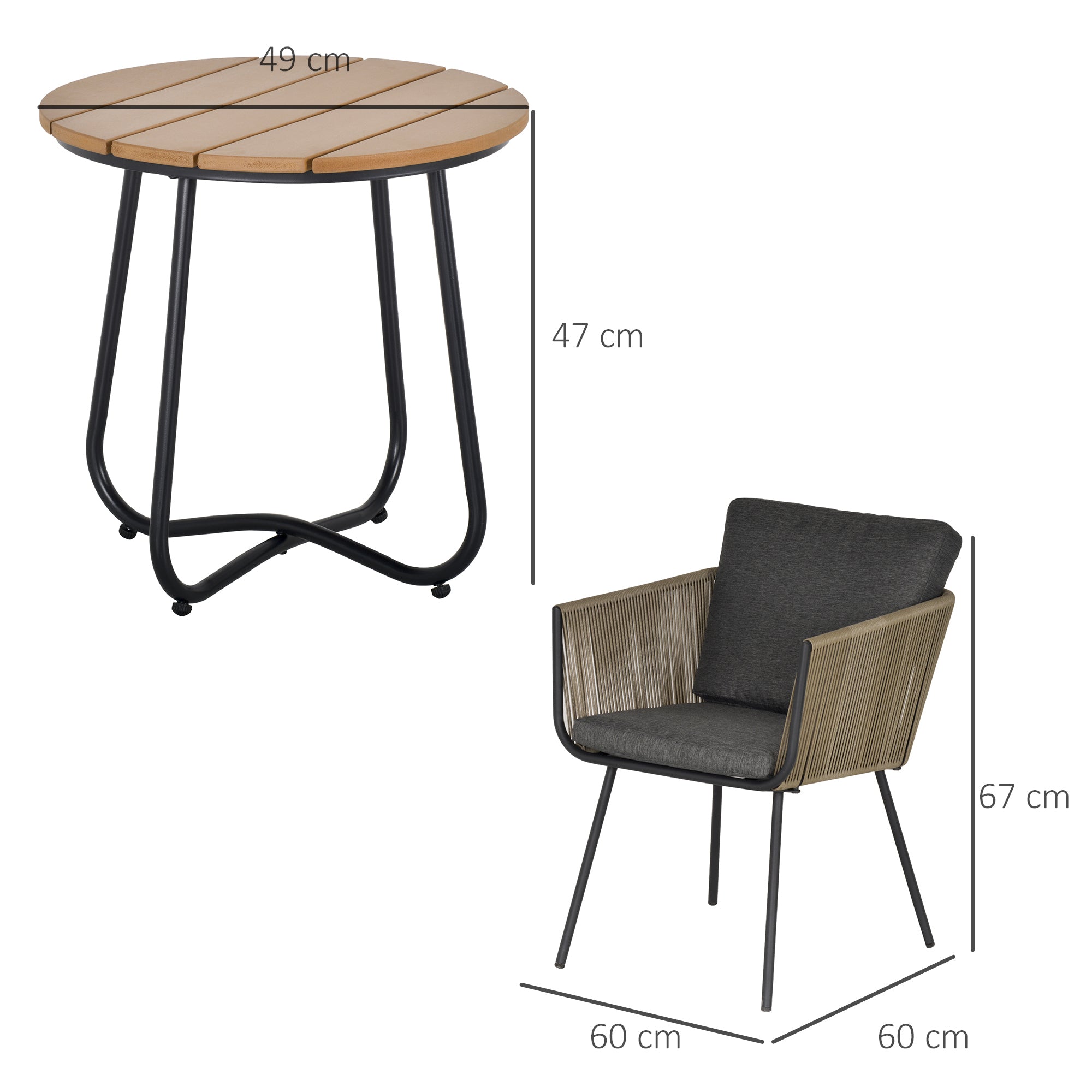 Conjunto de Móveis de Vime para Jardim - Mesa Redonda e 2 Poltronas Cinza e Marrom 60x60x67cm