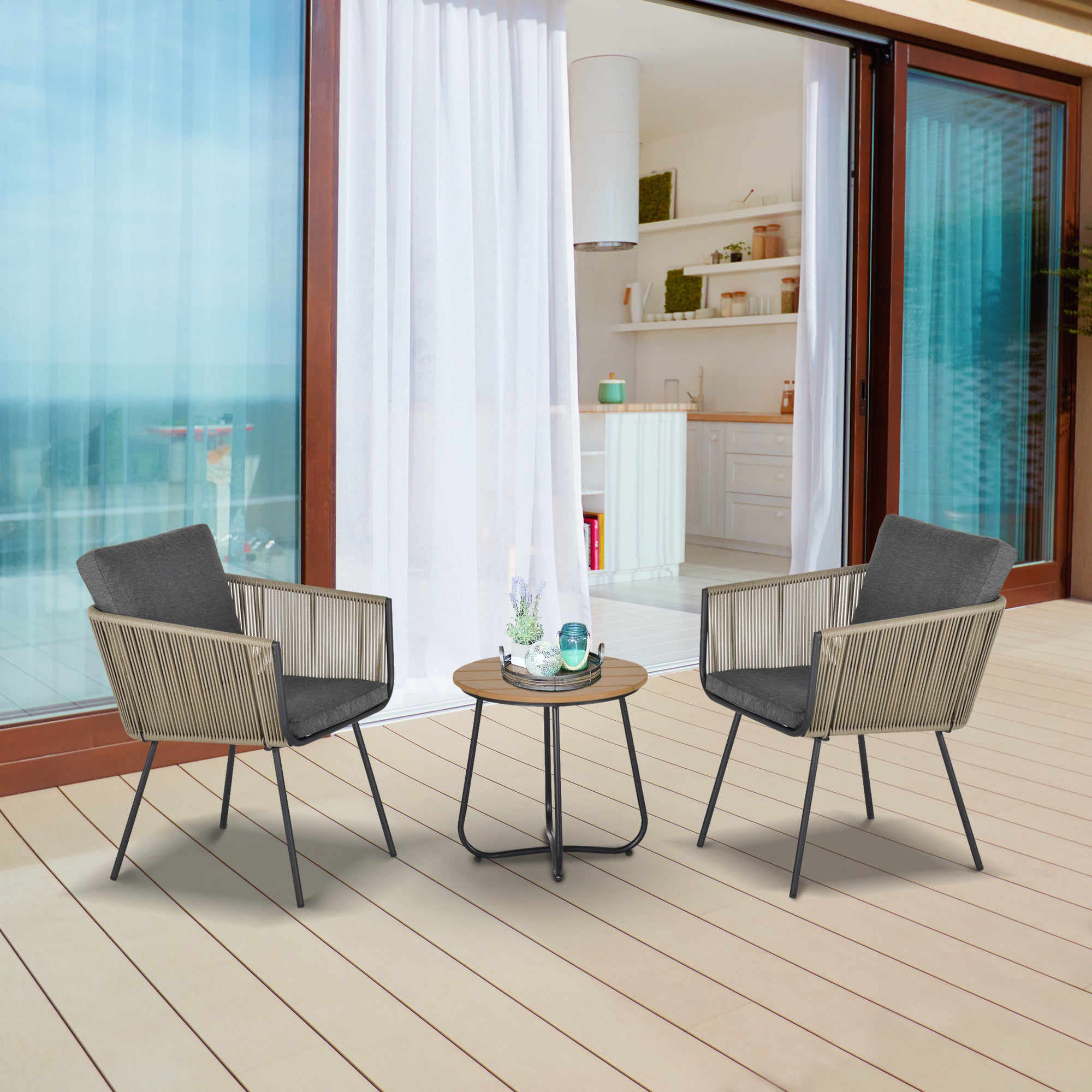 Conjunto de Móveis de Vime para Jardim - Mesa Redonda e 2 Poltronas Cinza e Marrom 60x60x67cm