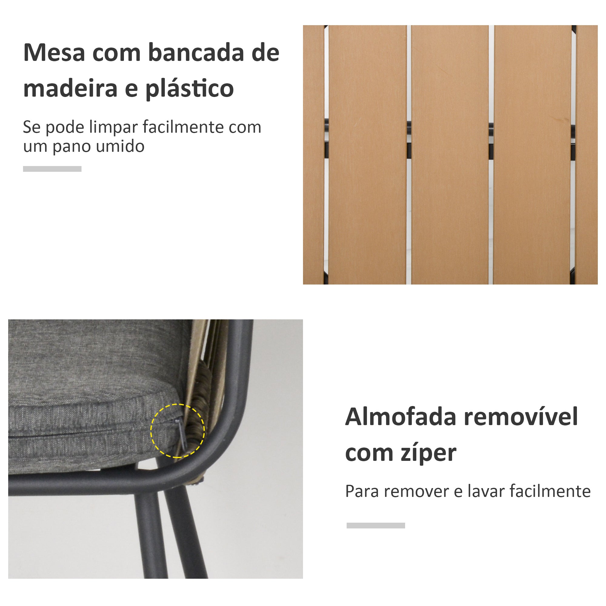 Conjunto de Móveis de Vime para Jardim - Mesa Redonda e 2 Poltronas Cinza e Marrom 60x60x67cm