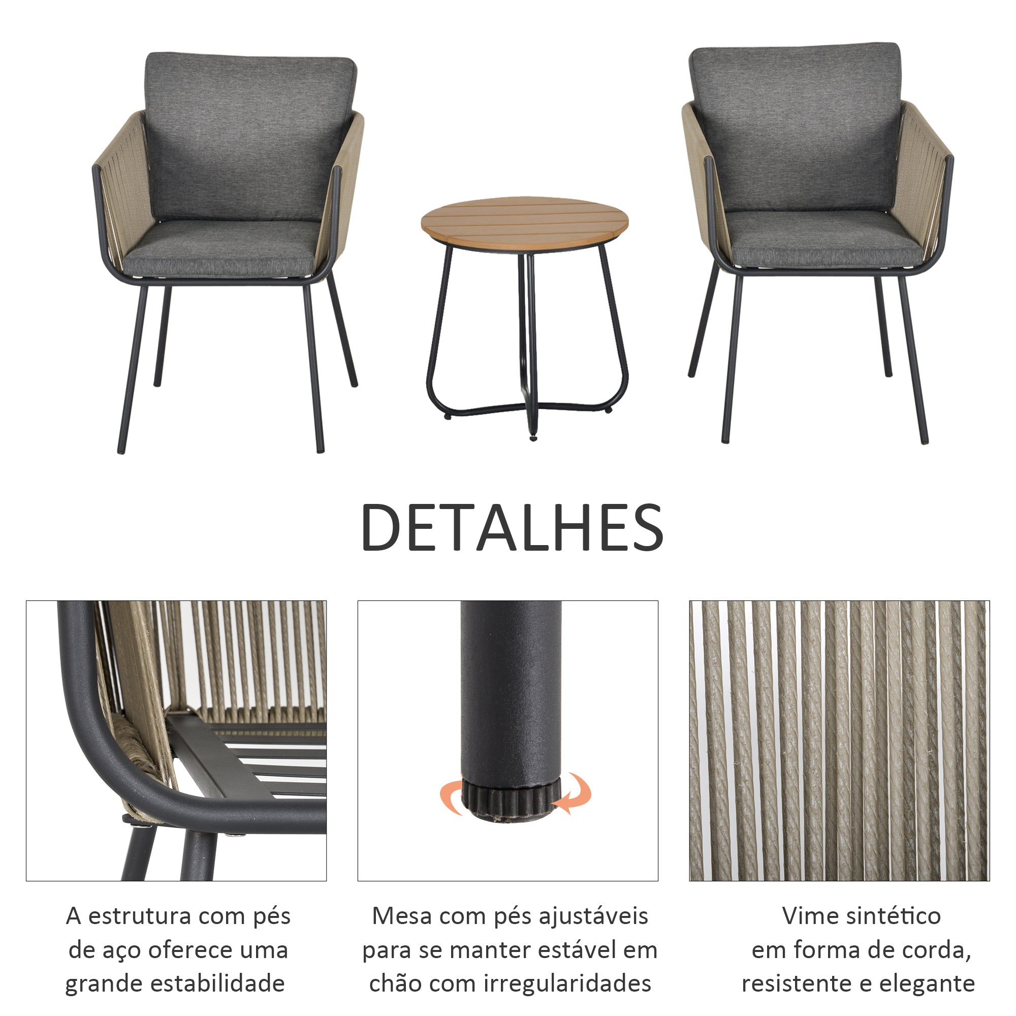 Conjunto de Móveis de Vime para Jardim - Mesa Redonda e 2 Poltronas Cinza e Marrom 60x60x67cm