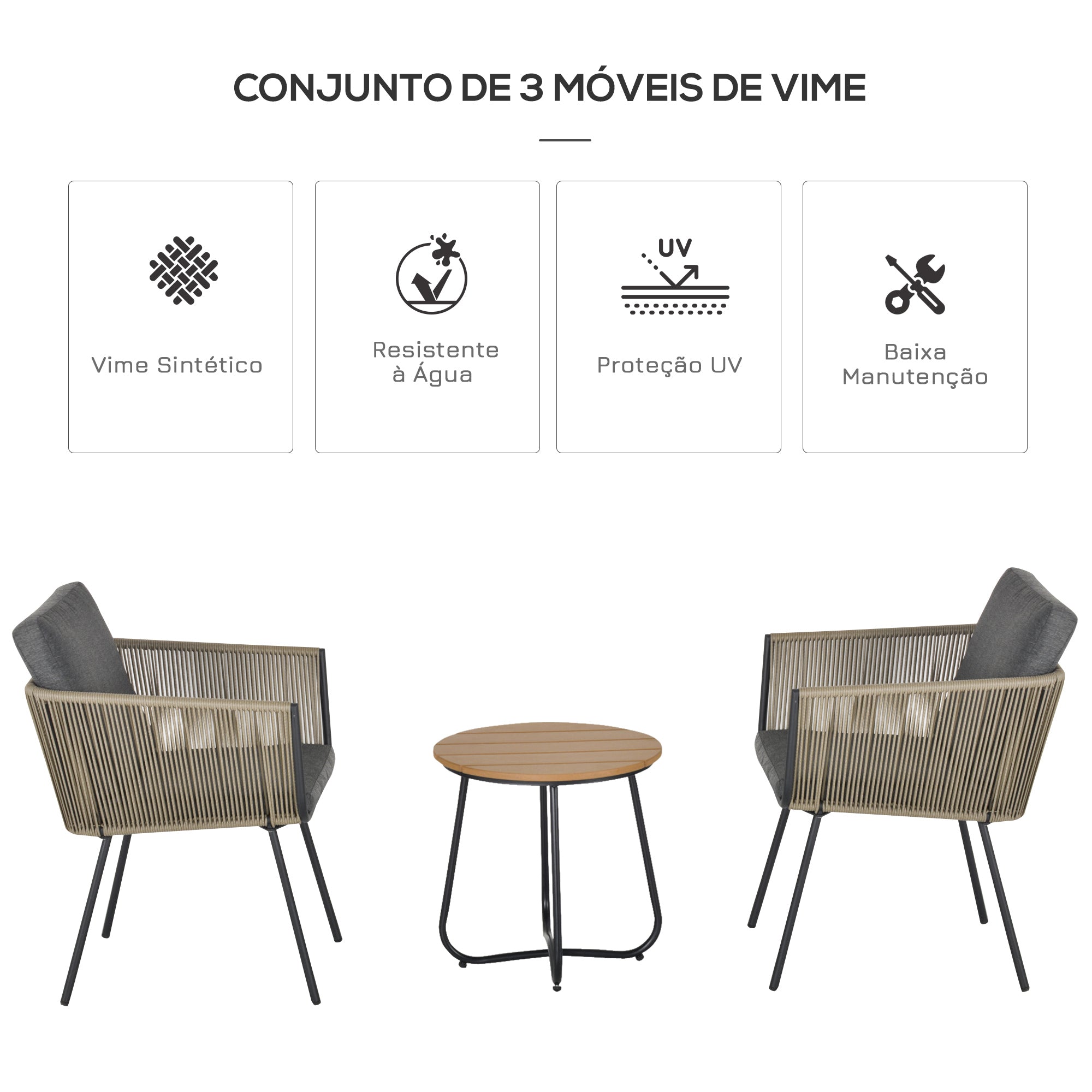 Conjunto de Móveis de Vime para Jardim - Mesa Redonda e 2 Poltronas Cinza e Marrom 60x60x67cm