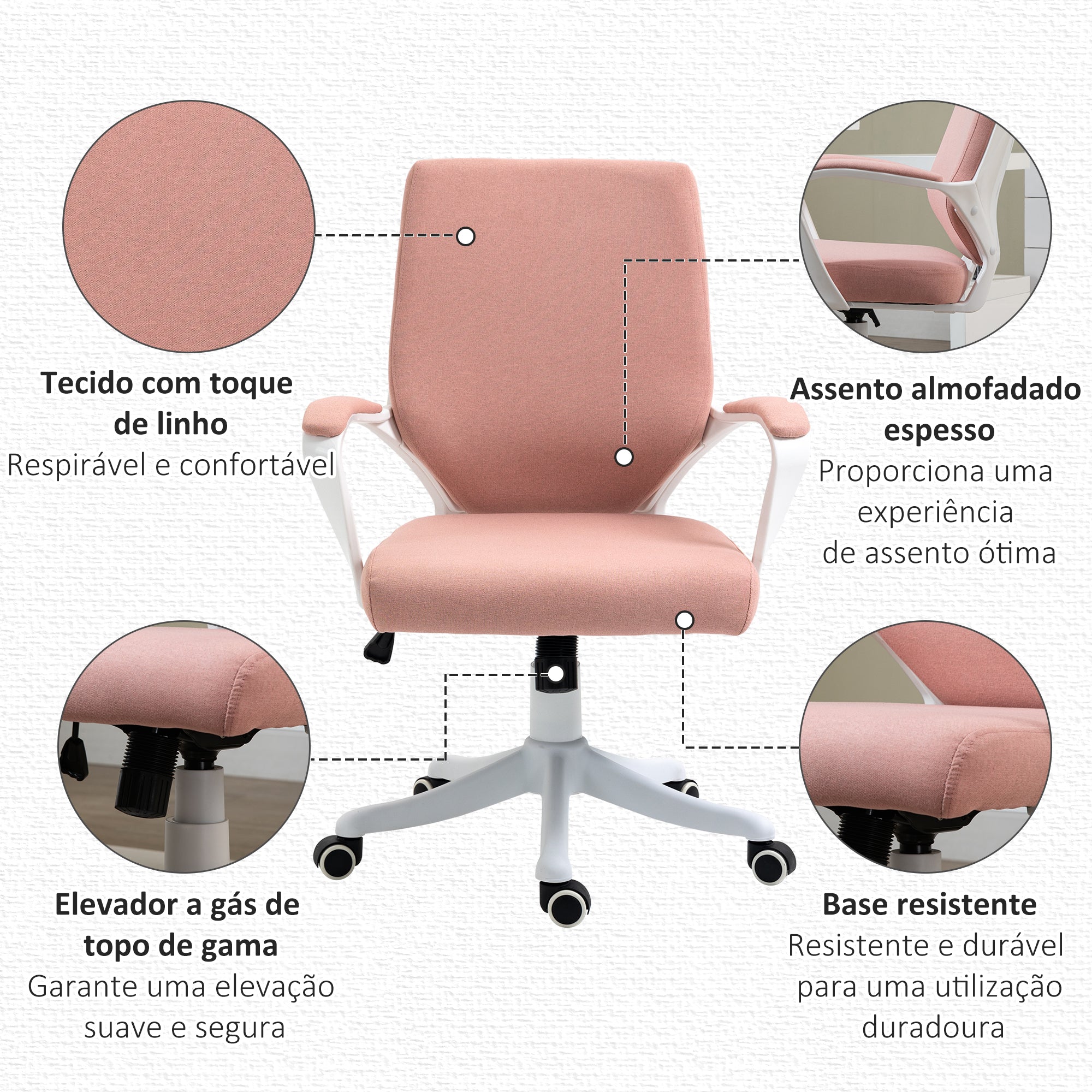 Cadeira de Escritório Ergonómica – 62x69x92-100 cm – Rosa – Linho Sintético