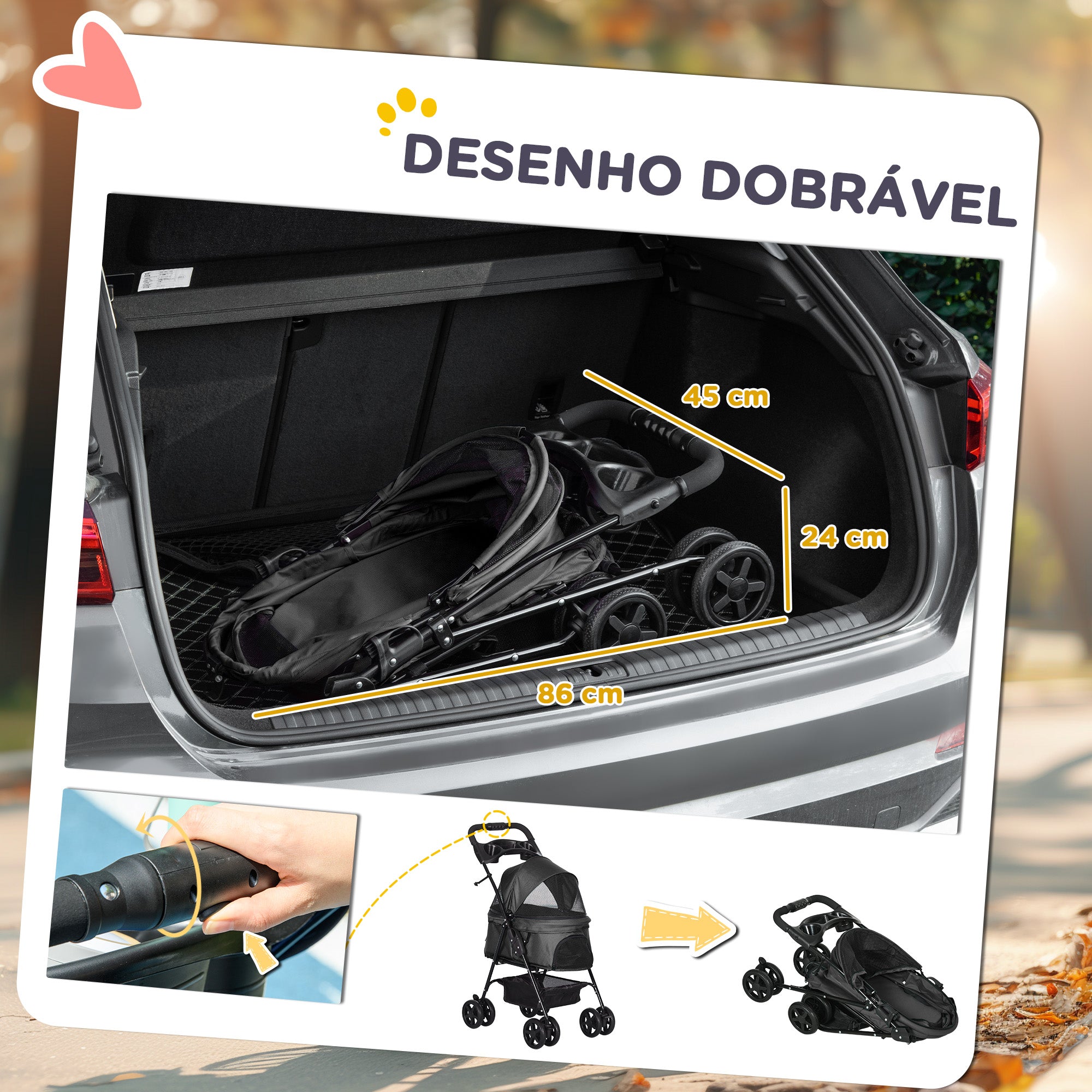 Carrinho para Cães Pequenos Dobrável – 67x45x96 cm – Preto – Aço e Tecido Oxford
