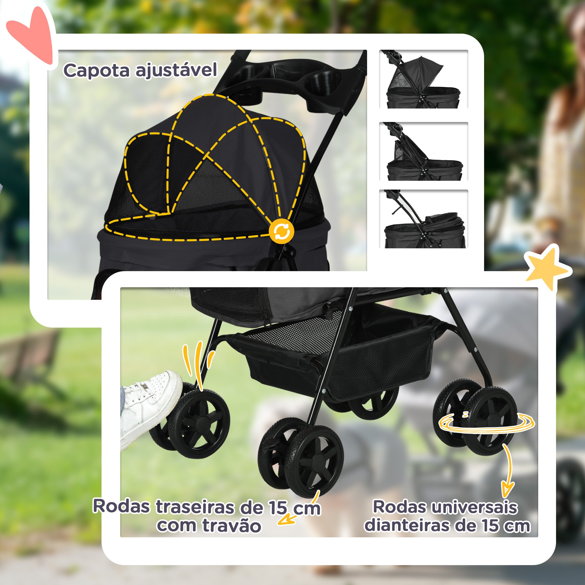 Carrinho para Cães Pequenos Dobrável – 67x45x96 cm – Preto – Aço e Tecido Oxford