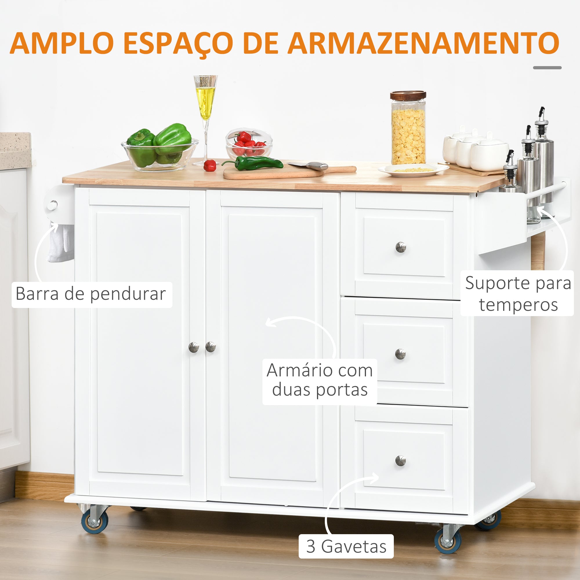 Carrinho de Cozinha com Bancada Rebatível 128,8x75,5x92,5 cm Branco e Madeira