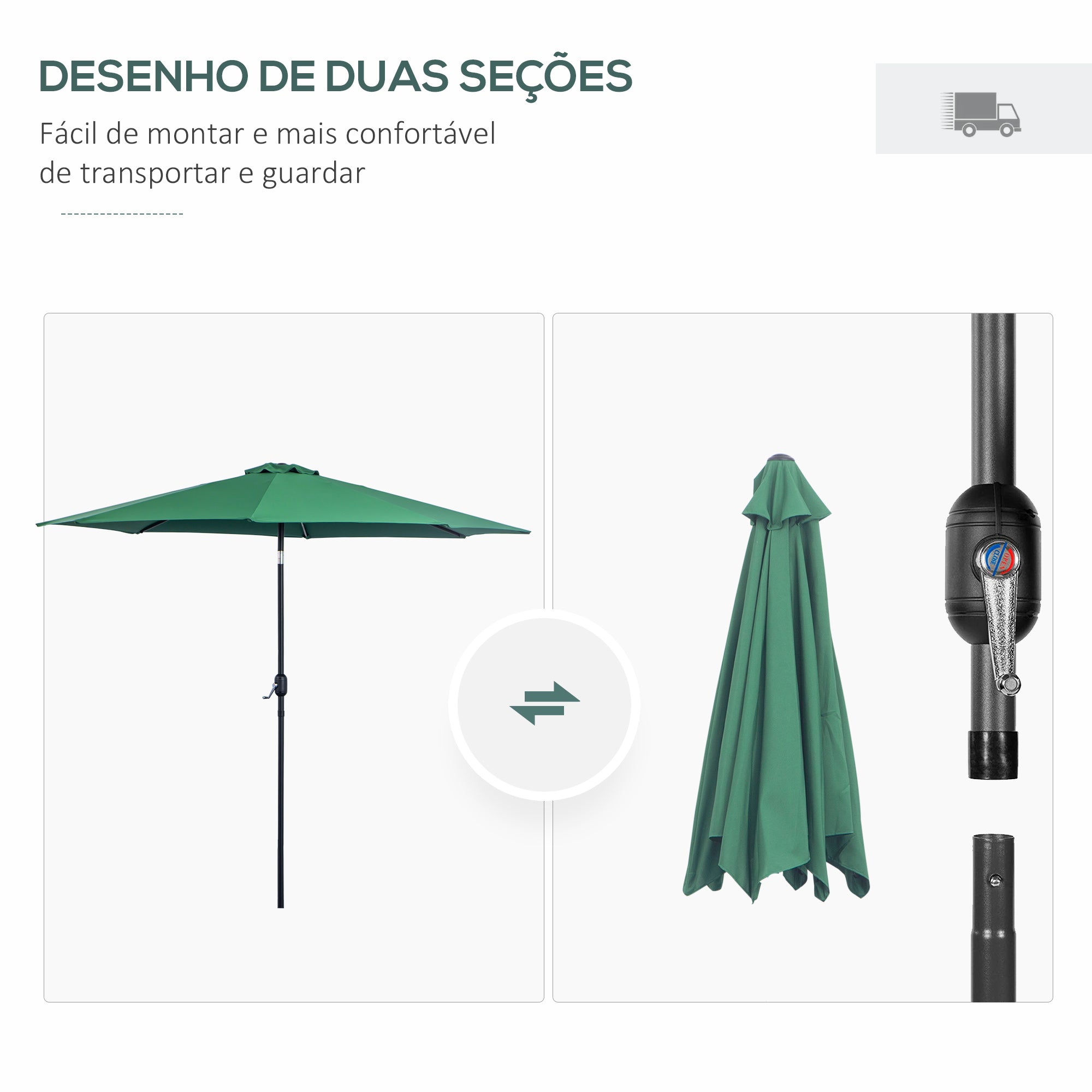 Chapéu de Sol de Jardim – Ø295x250cm – Verde – Metal e Poliéster