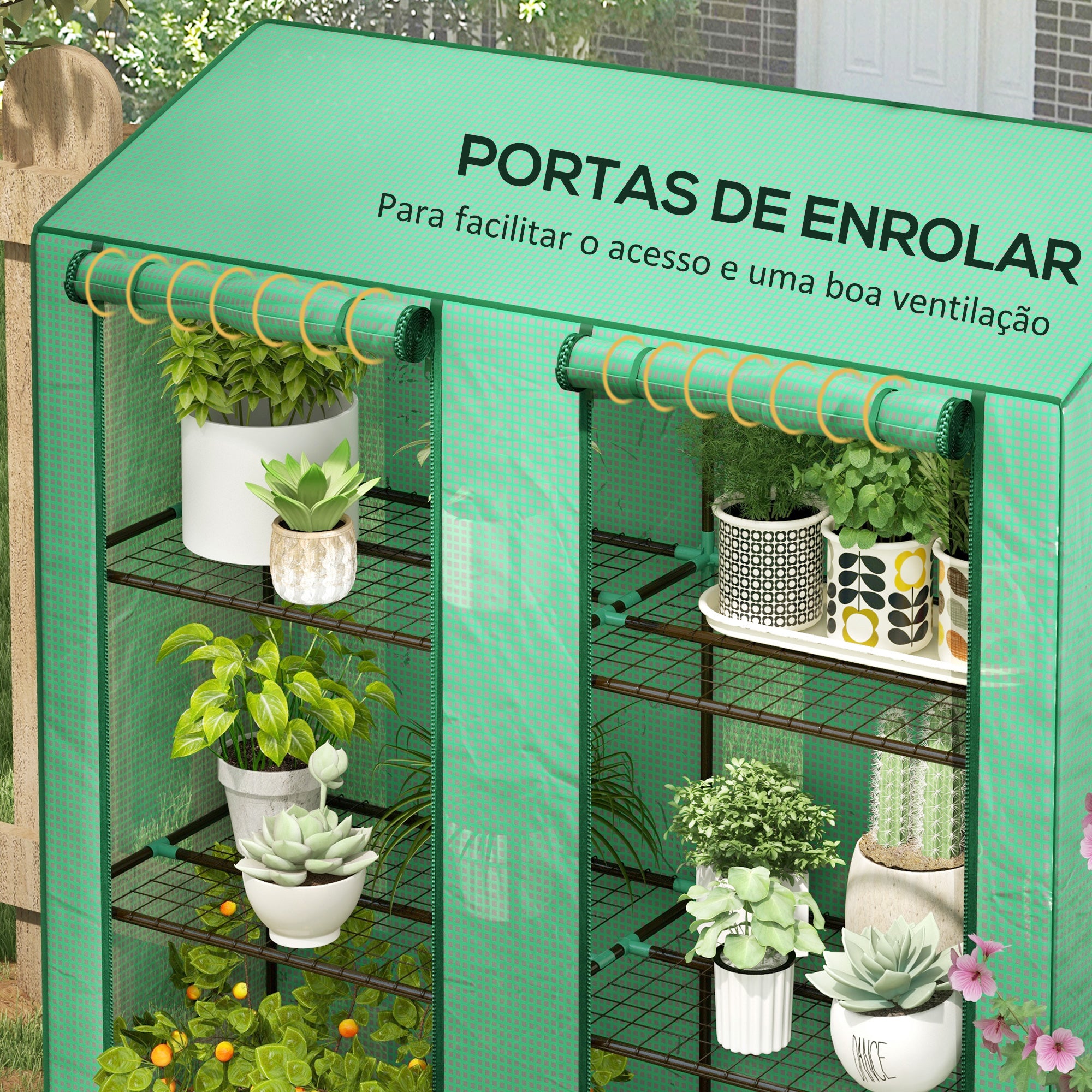 Estufa de Jardim Verde 143x46x141/151 cm com Prateleiras e 2 Portas Enroláveis