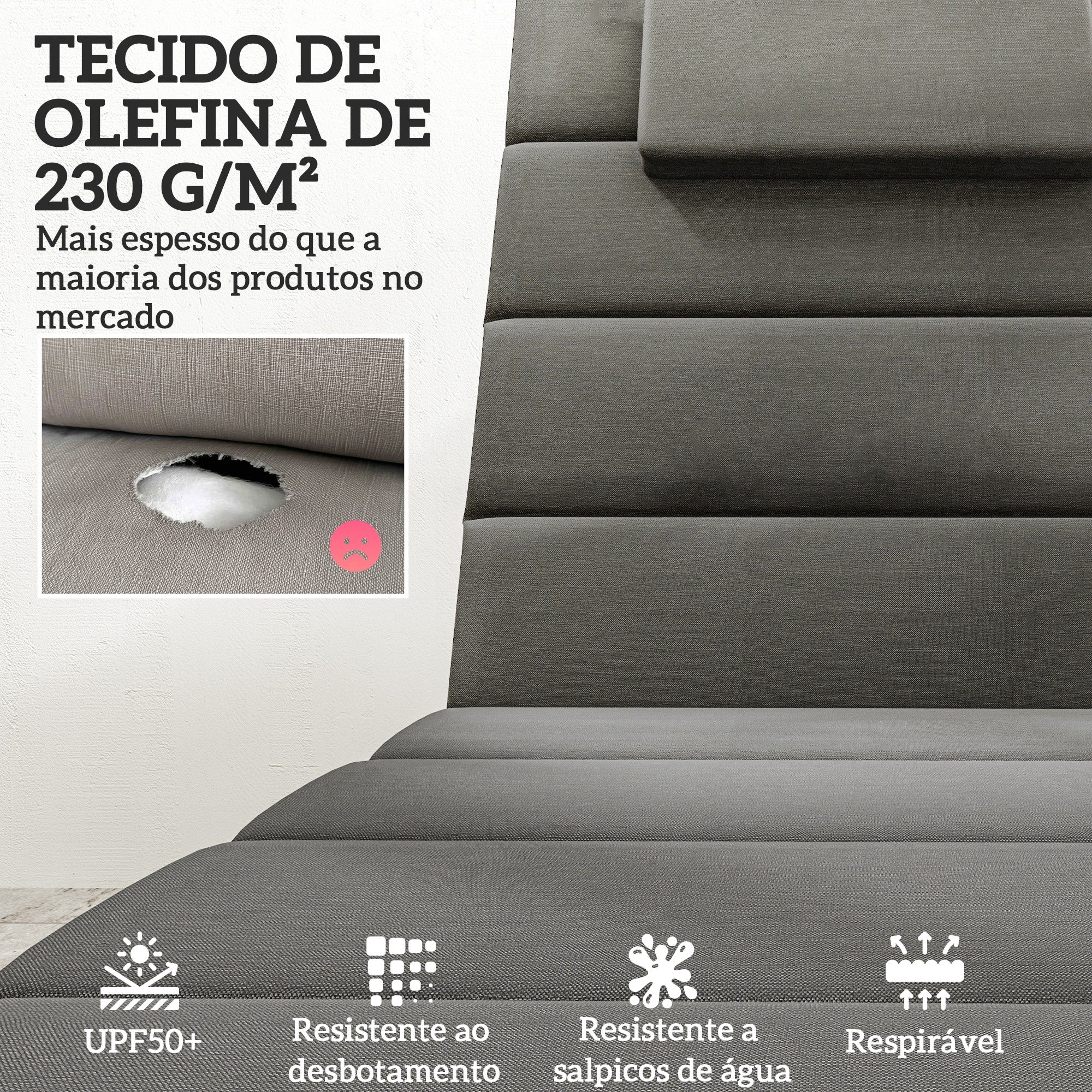 Almofadas para Espreguiçadeira – 203x66x3 cm – Cinzento – Olefin