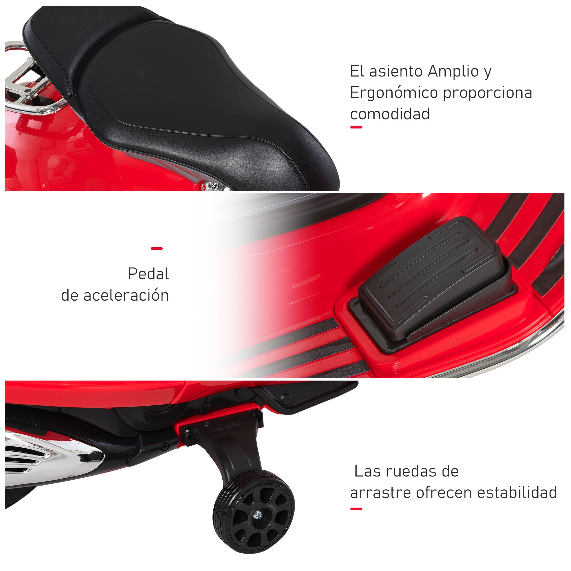 Mota Elétrica Infantil Vermelha 108x49x75 cm com Luzes e Sons - 2 Rodas Auxiliares para Crianças acima de 3 Anos