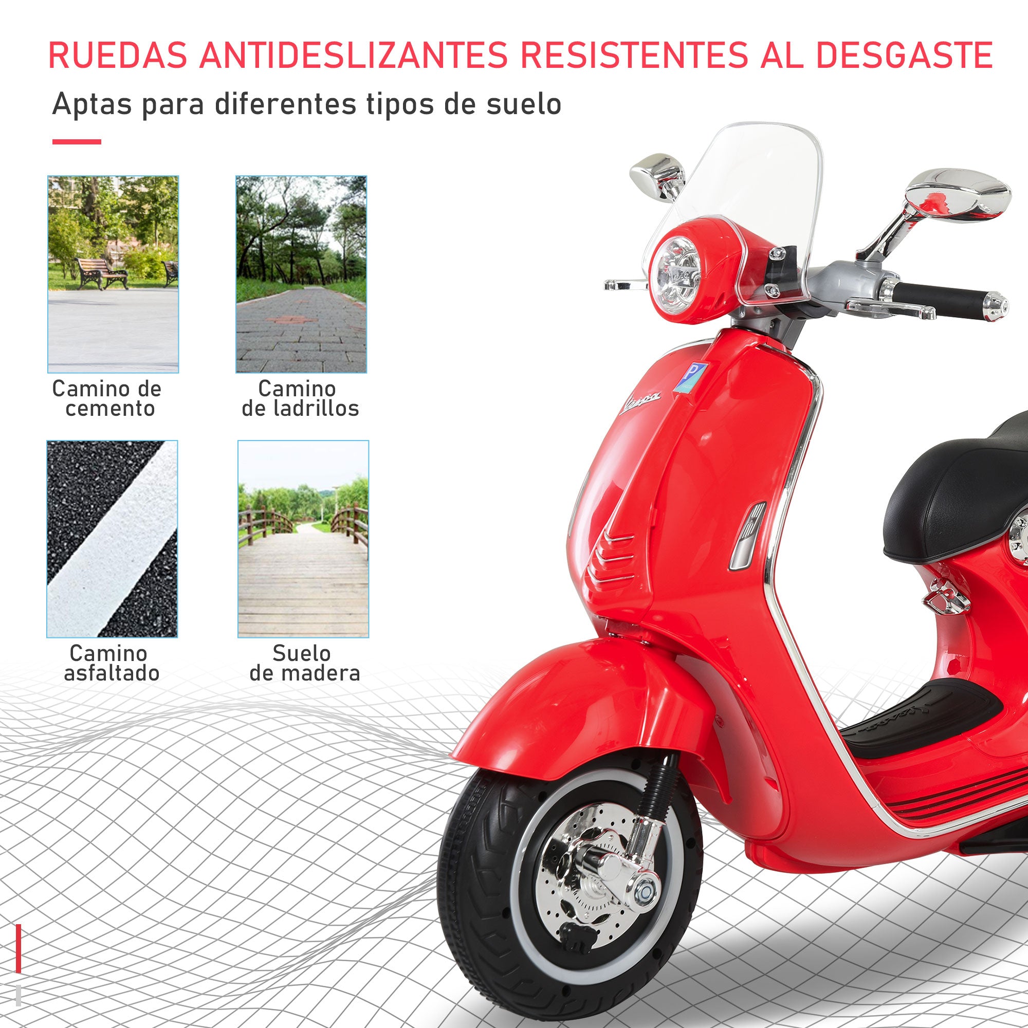 Mota Elétrica Infantil Vermelha 108x49x75 cm com Luzes e Sons - 2 Rodas Auxiliares para Crianças acima de 3 Anos