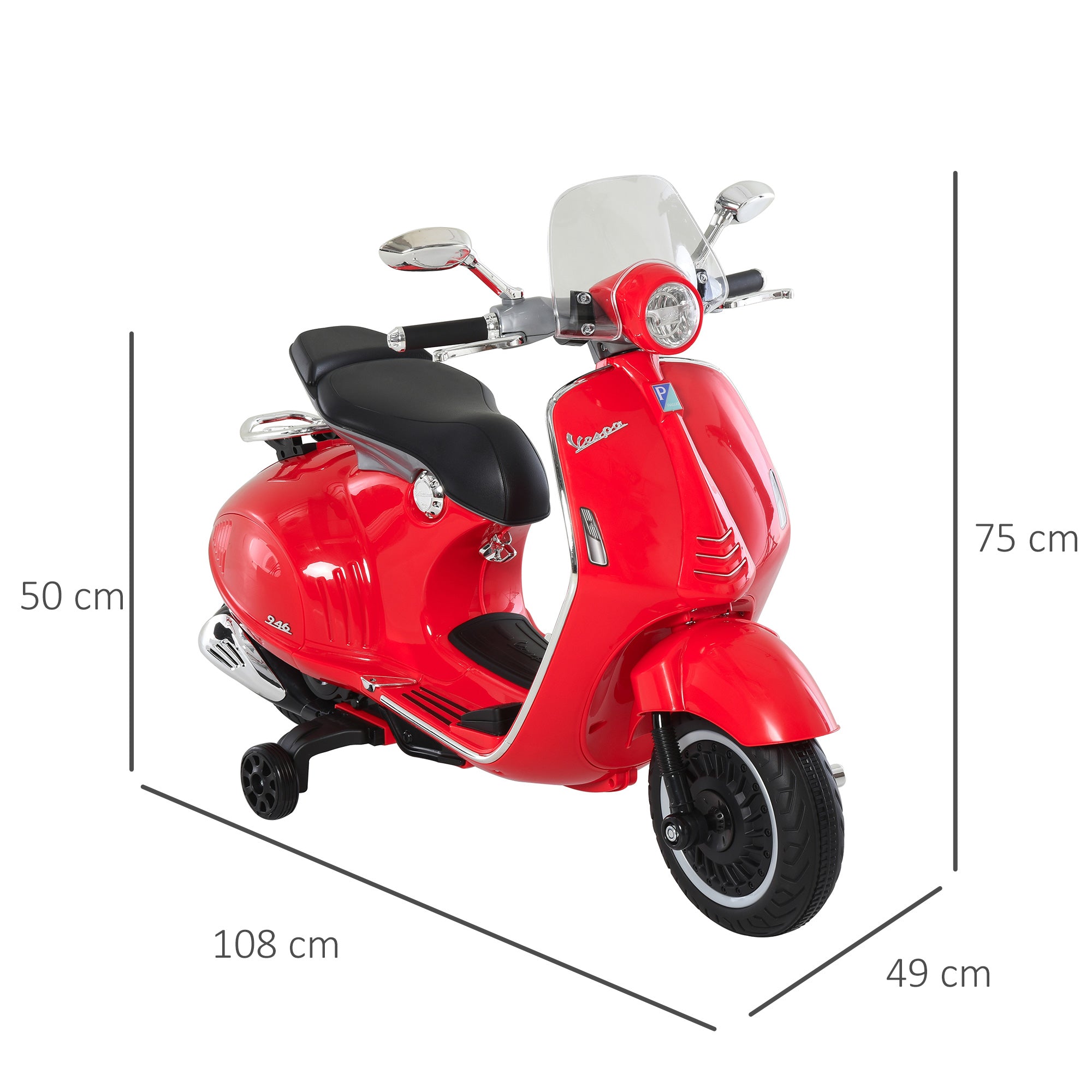 Mota Elétrica Infantil Vermelha 108x49x75 cm com Luzes e Sons - 2 Rodas Auxiliares para Crianças acima de 3 Anos