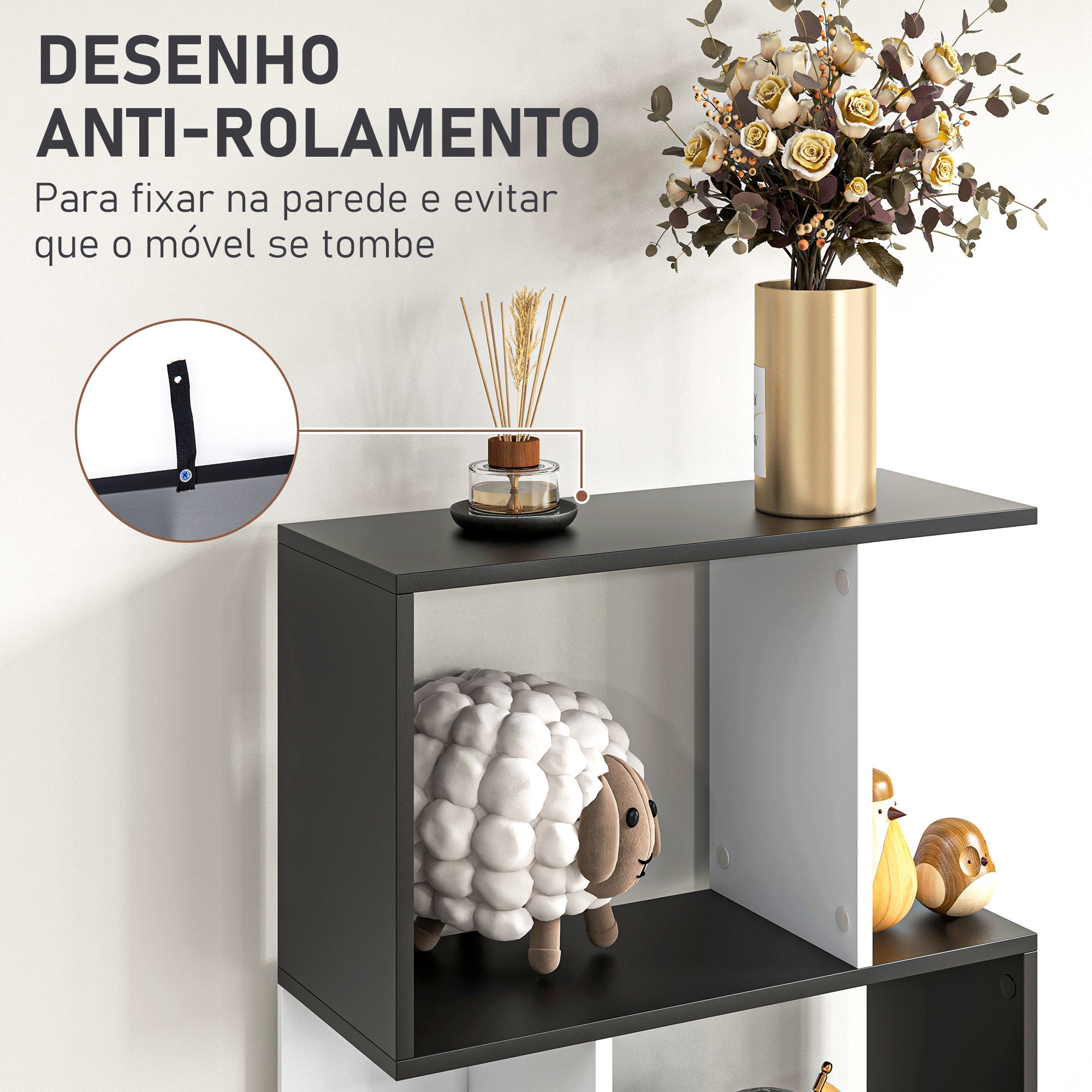 Estante Alta de Parede – 60x24x184,5 cm – Branco e Preto – Aglomerado de madeira