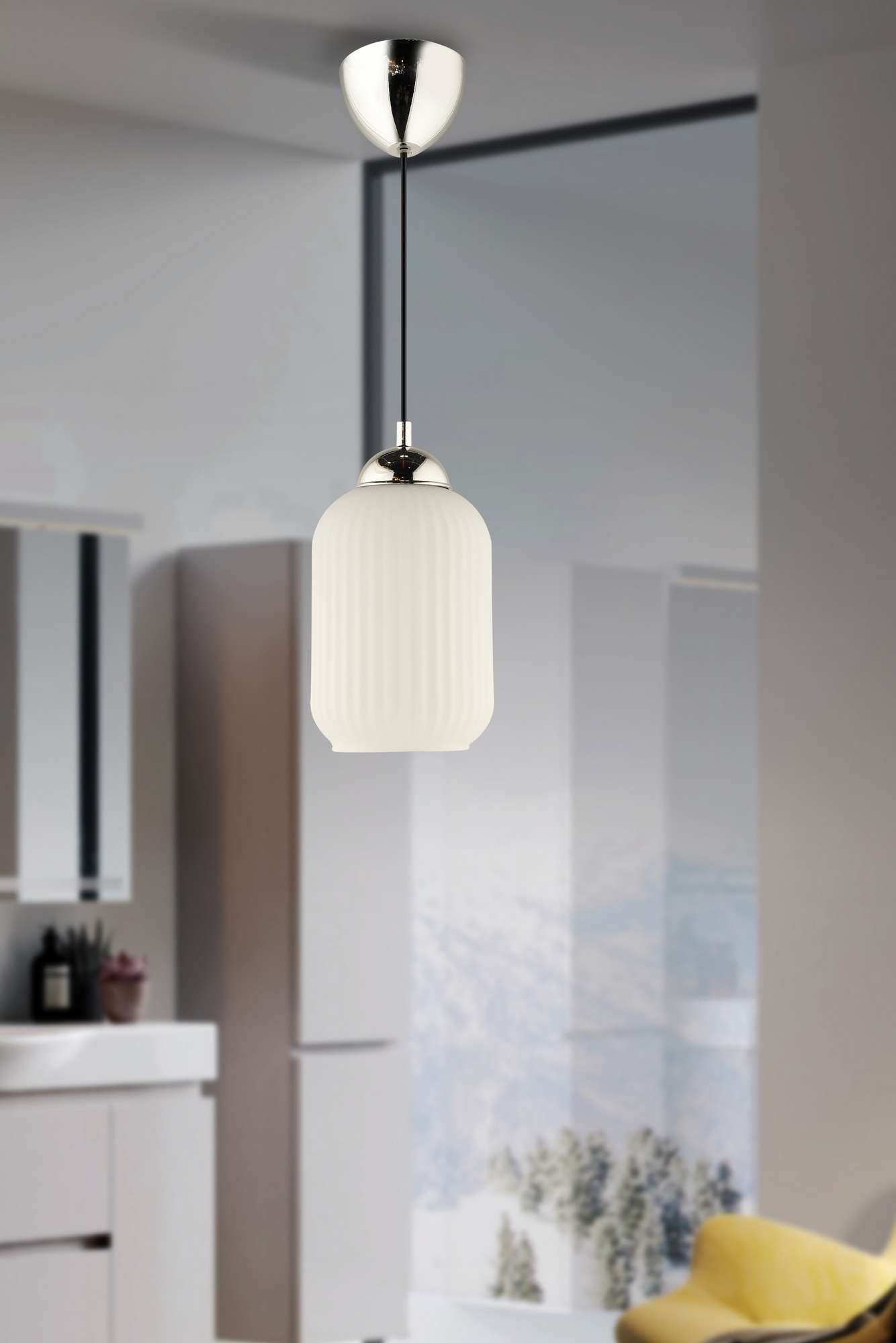 Candeeiro de Teto – 29-70 cm – Branco e Cromado – Plástico e Vidro