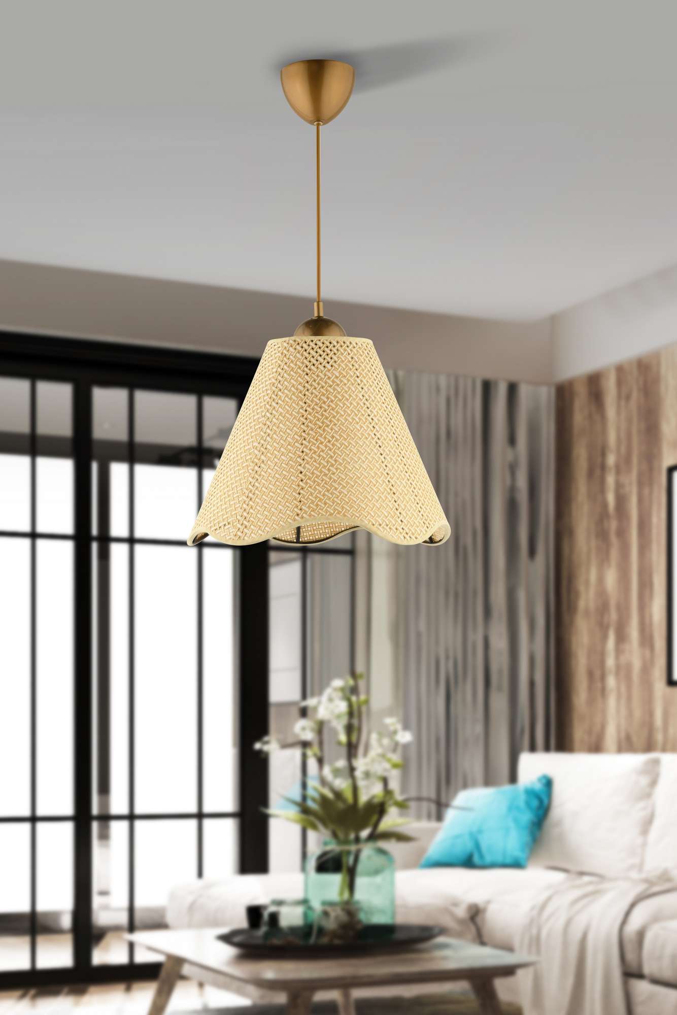 Candeeiro de Teto – Ø32 h:25 cm – Creme e Ouro – Plástico e PVC