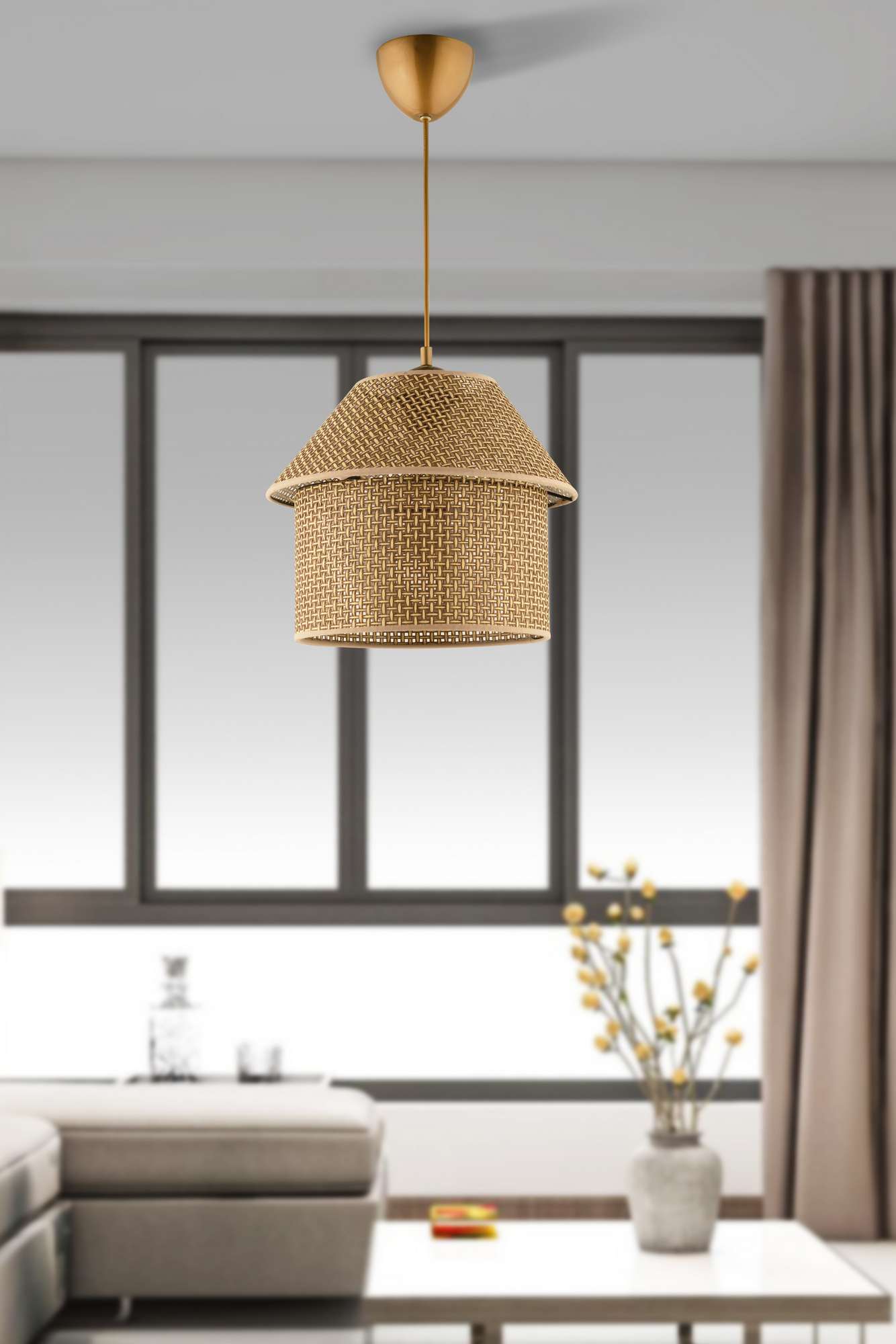 Candeeiro de Teto – Ø25 cm – Bege e Dourado – Plástico