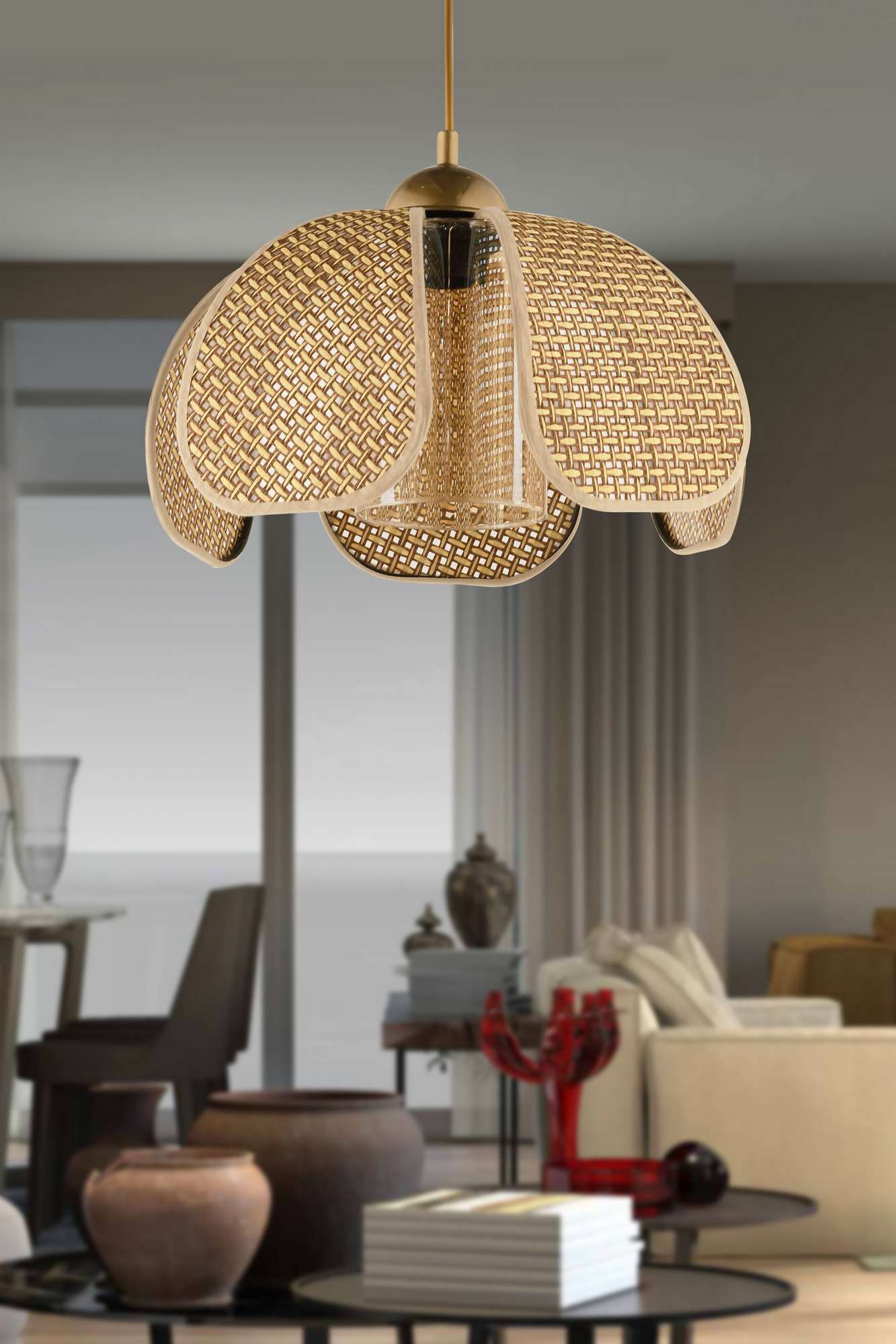 Candeeiro de Teto – Ø26 h:20 cm – Bege e Dourado – Plástico