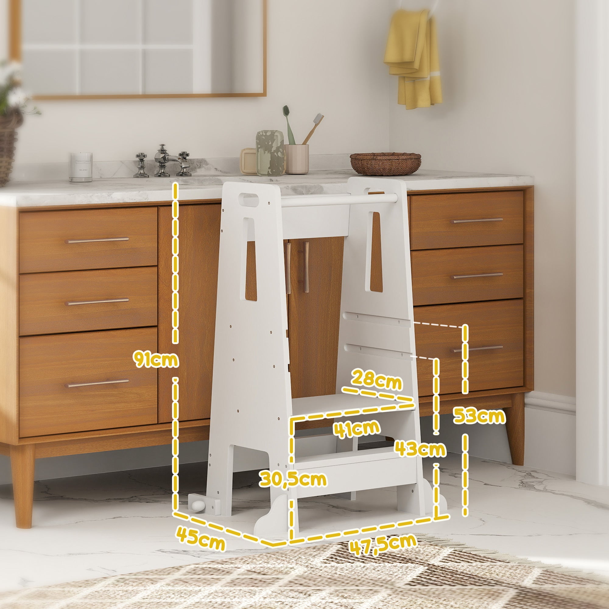 Torre de Aprendizagem Infantil – 45x47,5x91 cm – Branco – MDF e Madeira de Pinho