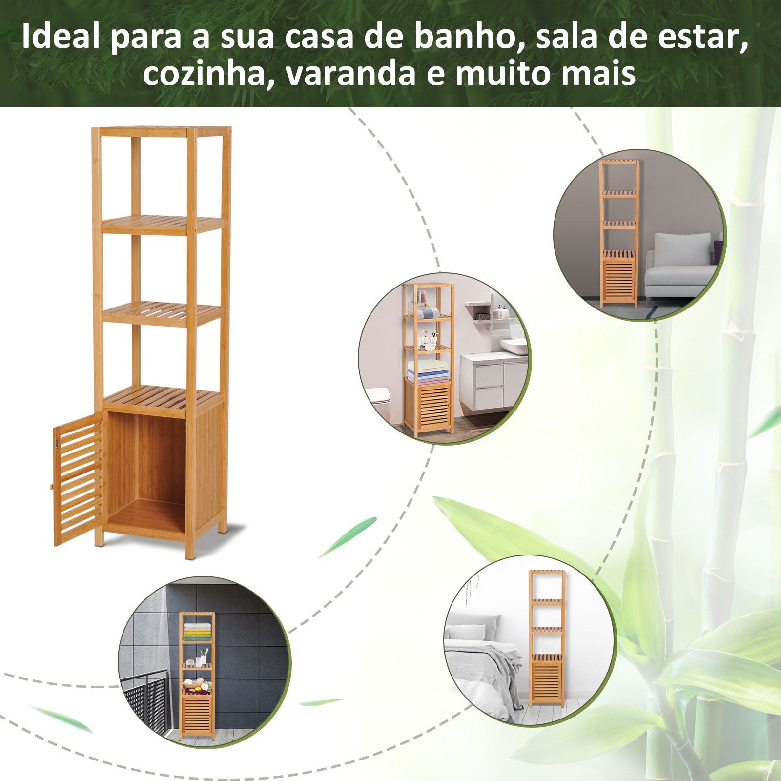 Estante de Bambu para Banheiro 4 Níveis 1 Porta 36x33x140cm - Bambu Natural