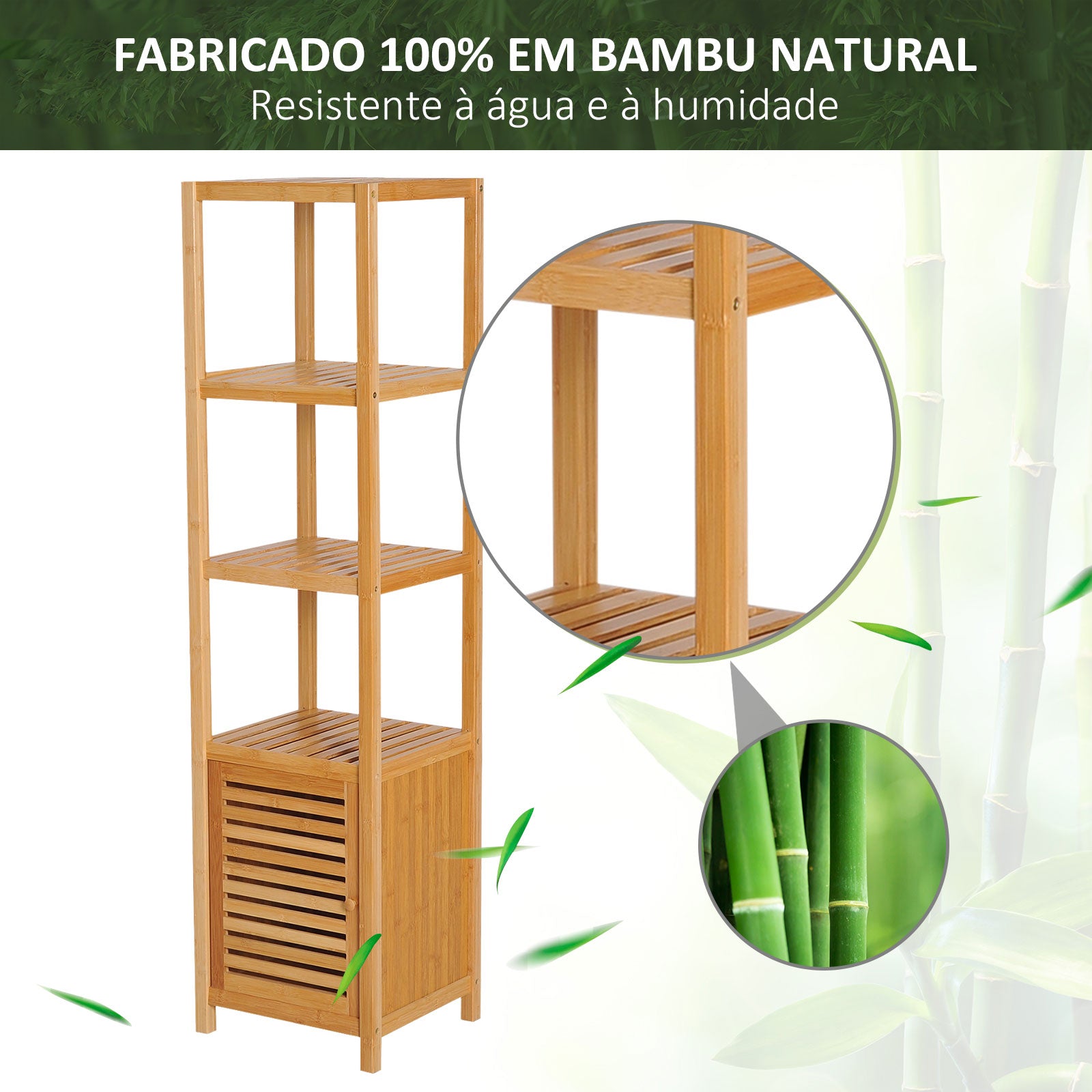 Estante de Bambu para Banheiro 4 Níveis 1 Porta 36x33x140cm - Bambu Natural