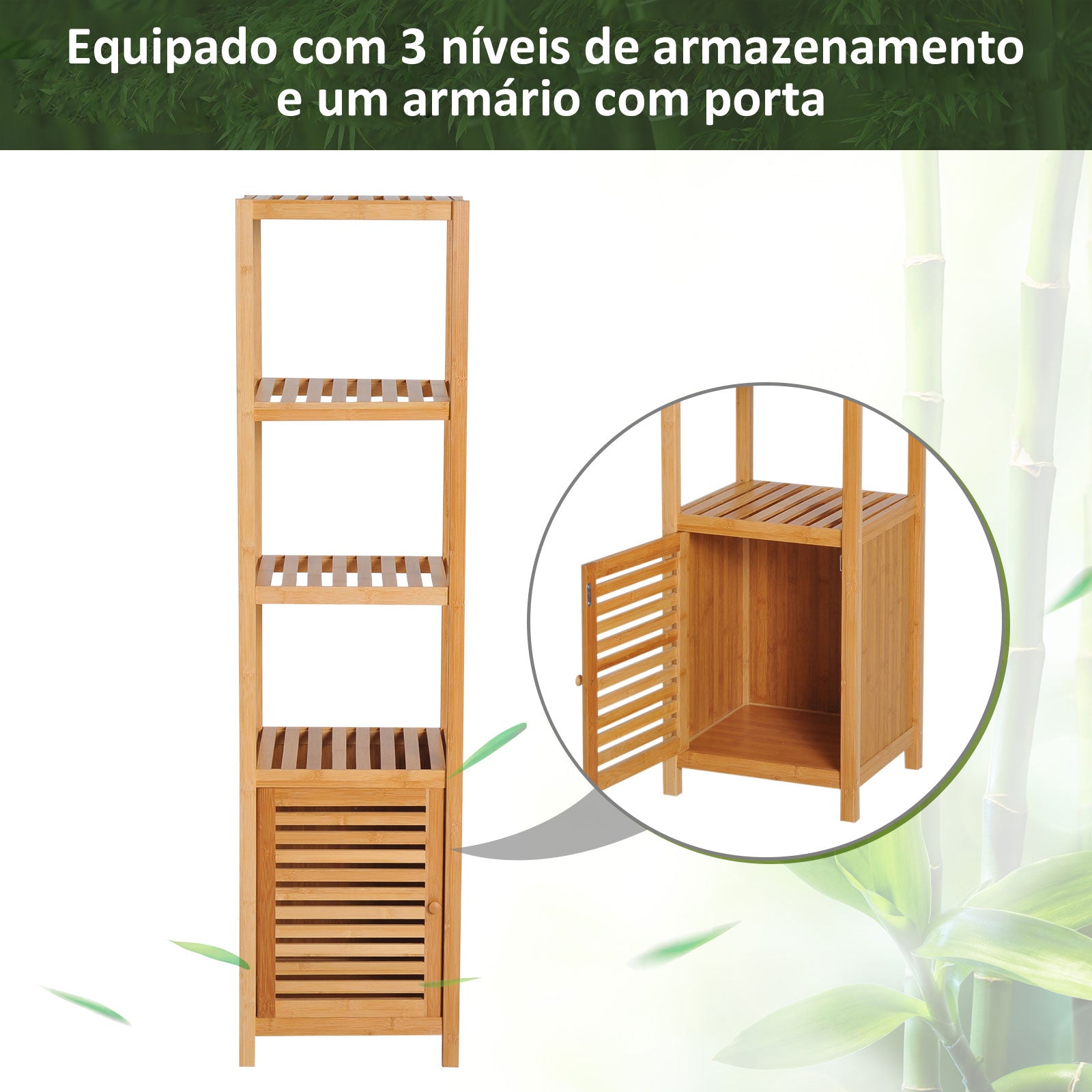 Estante de Bambu para Banheiro 4 Níveis 1 Porta 36x33x140cm - Bambu Natural