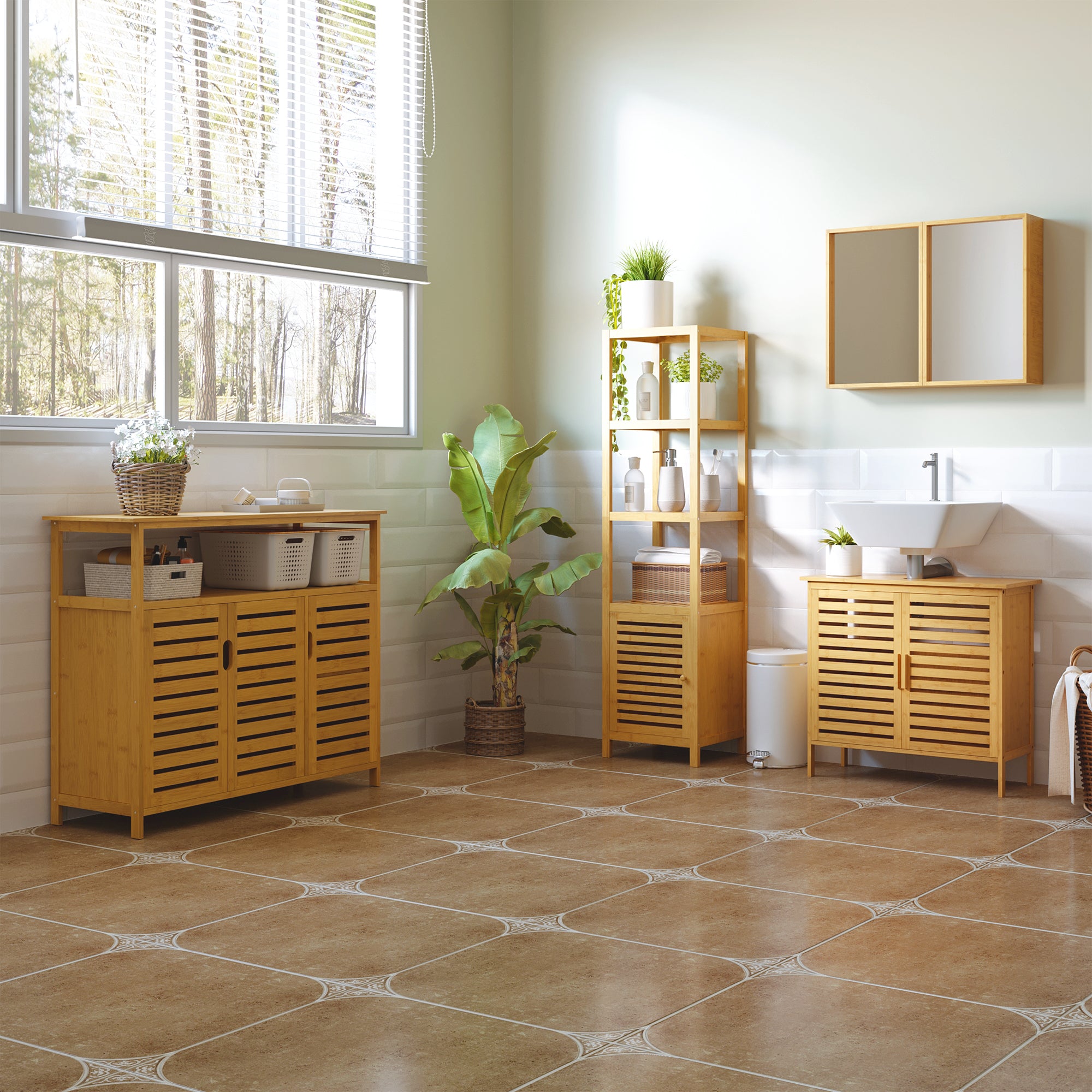 Estante de Bambu para Banheiro 4 Níveis 1 Porta 36x33x140cm - Bambu Natural